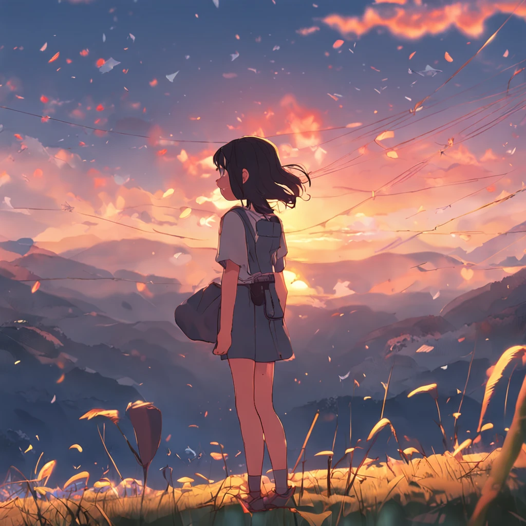 best quality, filme ainda, 1girl, anime, nas nuvens, floating into the sky, Close-up, brilhante, Feliz, Soft lighting and Warm, Sunset, (Sparks:0.7)