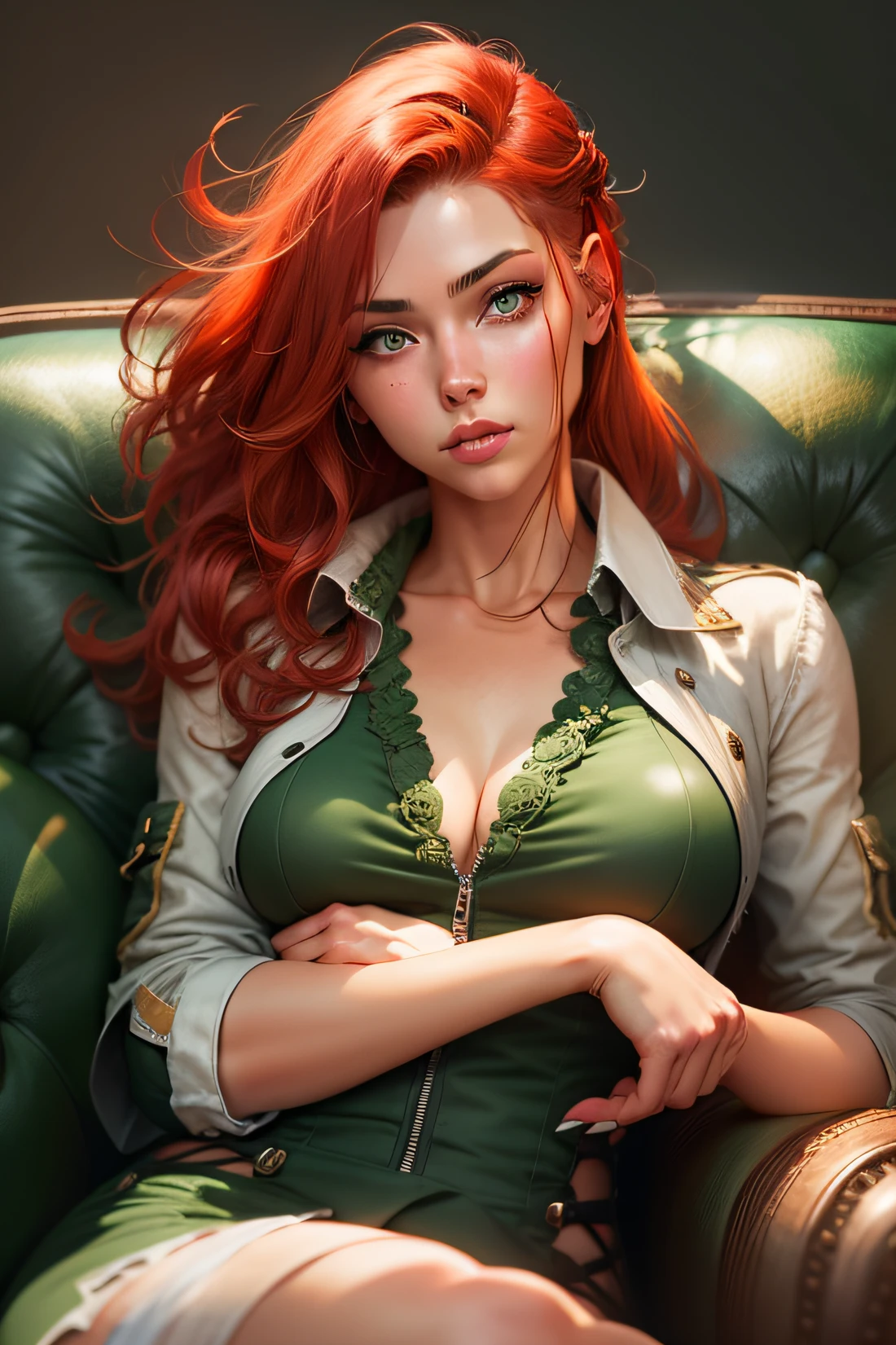 redhead haired woman in green low cut shirt suit sitting on a couch, a digital painting inspired by Artgerm, Artstation contest winner, digital art, sexy girl with green eyes, seductive anime girl, photorealistic anime girl render, in the style artgerm, with red hair and green eyes, extremely detailed artgerm, realistic artstyle, deviantart artstation cgscosiety