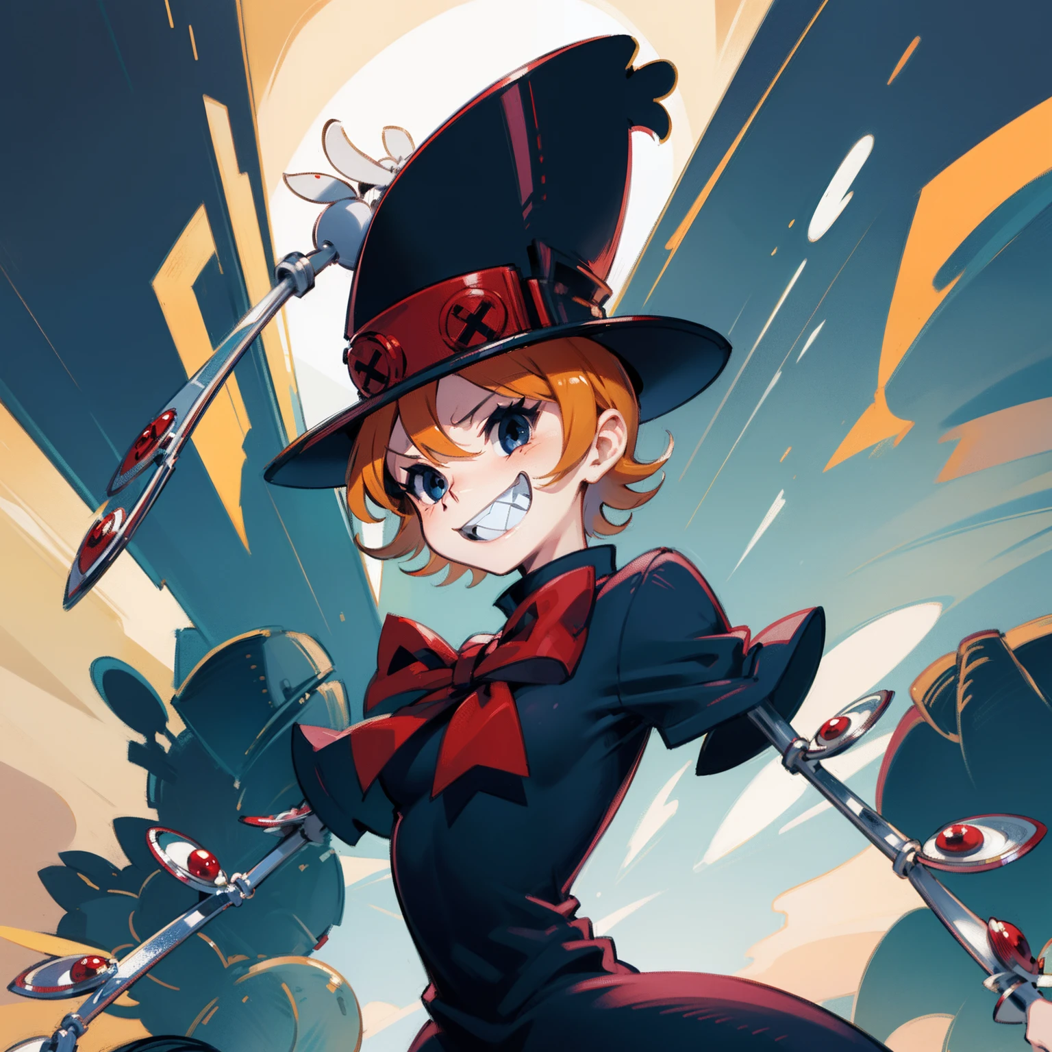 Peacock, 1girl, short hair, sharp teeth, (mechanical arms:1.2), bow, hat, dress, perfect anatomy, solo