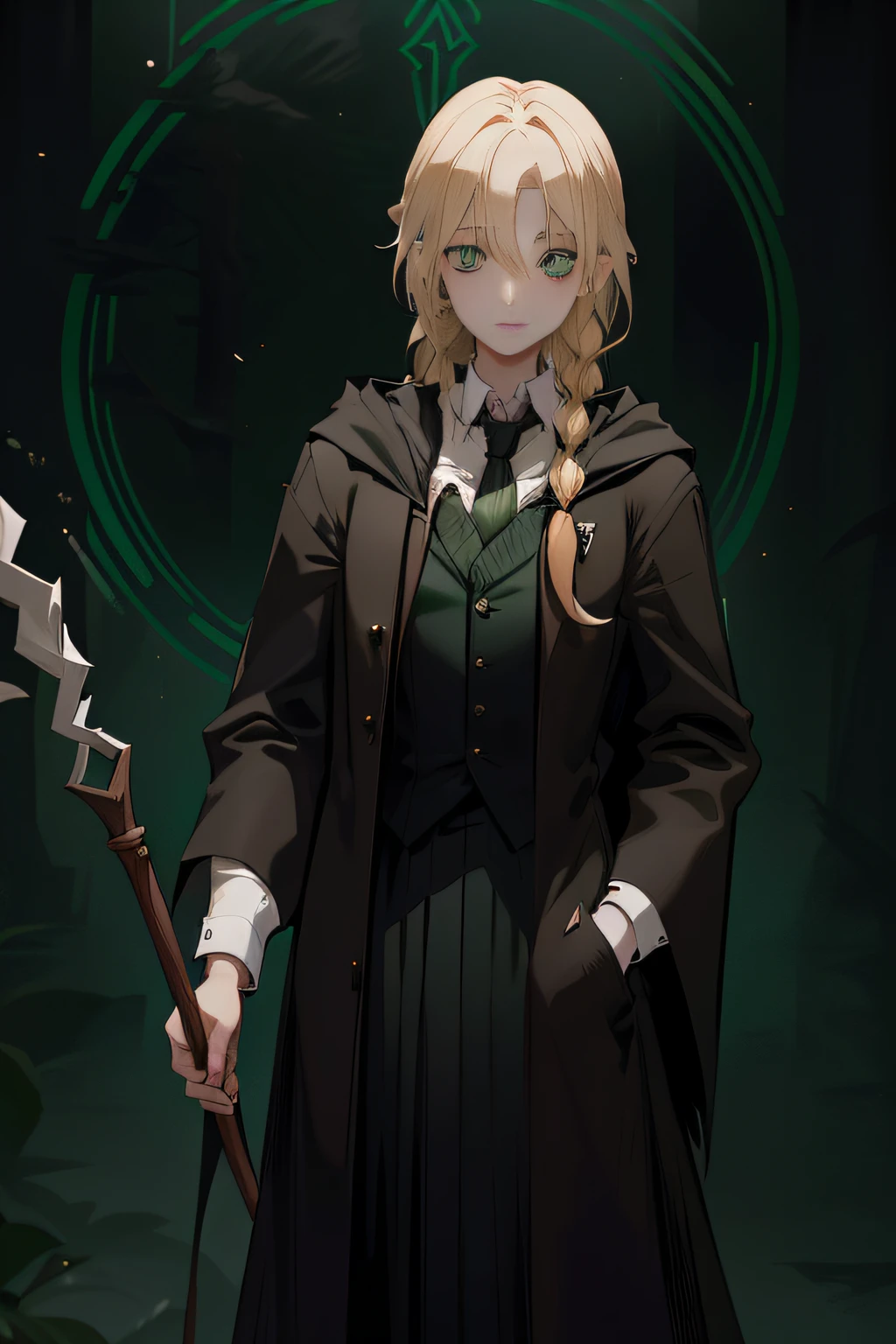 Female singles,Blonde hair and green eyes,Two braids hang behind the head,Black hooded cape,green necktie,white shirt,On the chest is the Slytherin House crest,The expression is cold,He holds a small wooden stick in his right hand,holding a wand