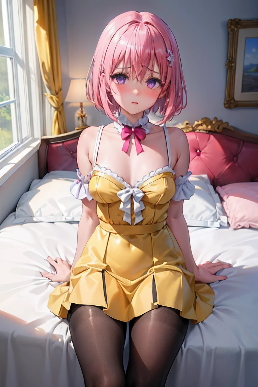(top-quality:1.1), (masterpiece:1.4), (absurderes:1.0), portlate, a closeup,
1girl in、Momovelia Deviluk、hair adornments、bob cuts、Shorthair pink hair、a purple eye、Medium chest、Yellow Uniform、looking at the viewers、bedroom、(red blush:1.2)、embarassed expression、((pantyhose))、on the beds、