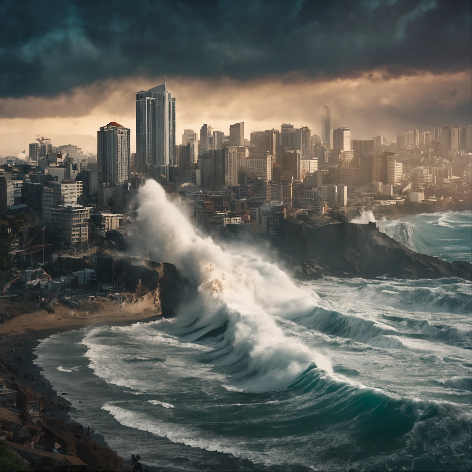 Create a cinematic cityscape featuring a towering tsunami wave crashing towards a city skyline. The shot should capture the sheer power and destructive force of the wave, with buildings in the foreground partially submerged, debris flying, and a sense of impending catastrophe. Utilize a long shot camera angle with an EE 70mm lens on a Nikon D850, aiming for a high-resolution, photorealistic rendering. Ensure that the scene is highly detailed, with HDR lighting, and conveys a sense of urgency and chaos.