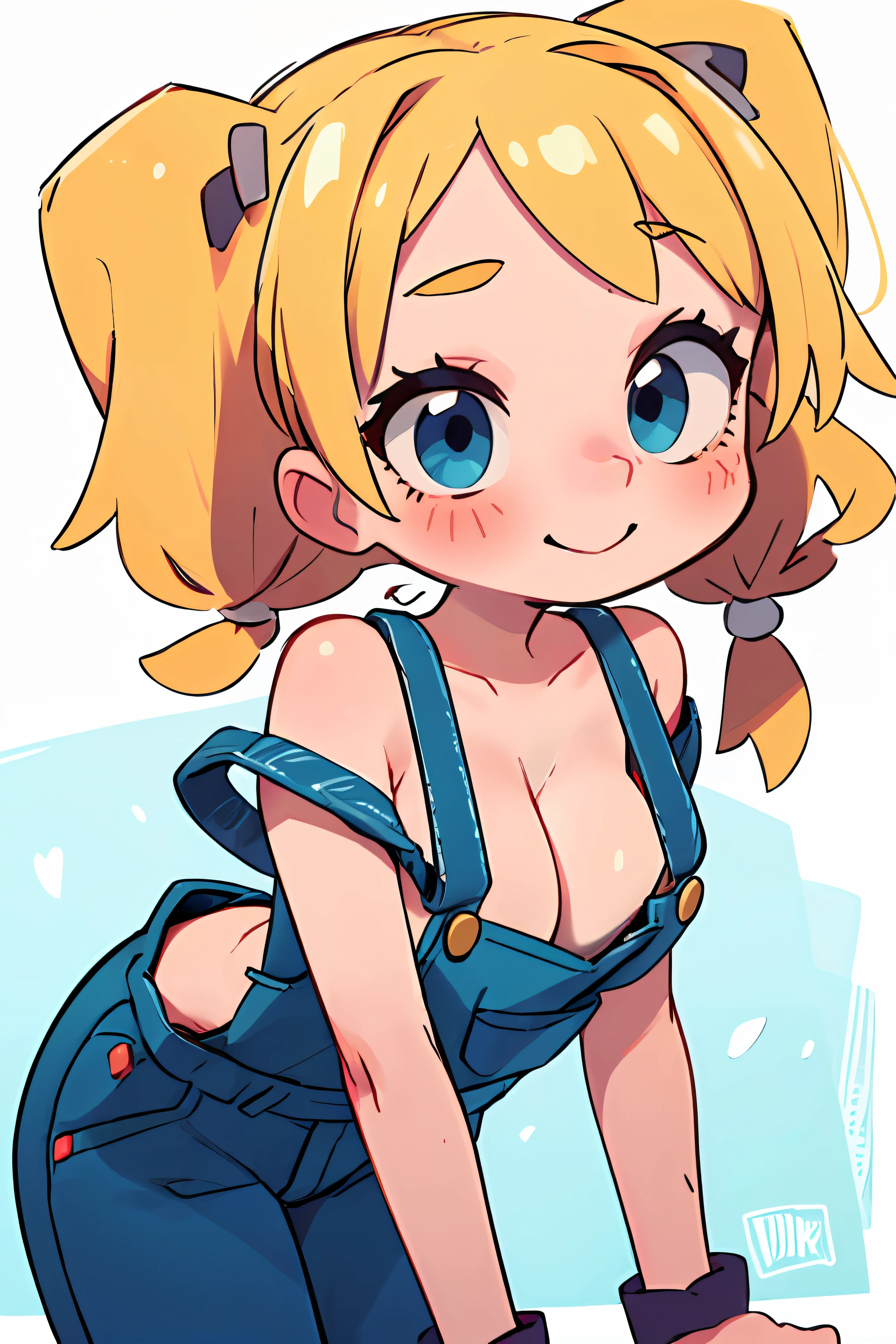 masterpiece, beautiful, 4k, detailed, intricate details, child, loli, overalls, jean overalls, cuffed overalls, blonde hair, long blonde pigtails, long flowing pigtails, soft blue eyes, soft smile, slight smile, 1girl, shirtless, overalls over skin, bare shoulders, bare sleeves, bare arms, medium sized breasts, cleavage, cleavage behind overalls, facing forward, side cut, torso shown, leaning forward, down blouse, cleavage