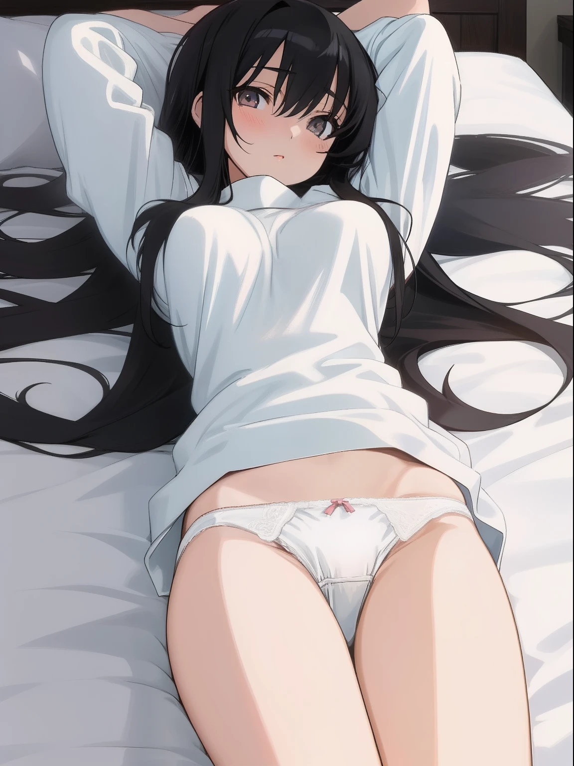 Anime Girl, laying on a bed, covering her breasts with her arms, medium breasts, looking at the viewer, white panties, long black hair, white eyes