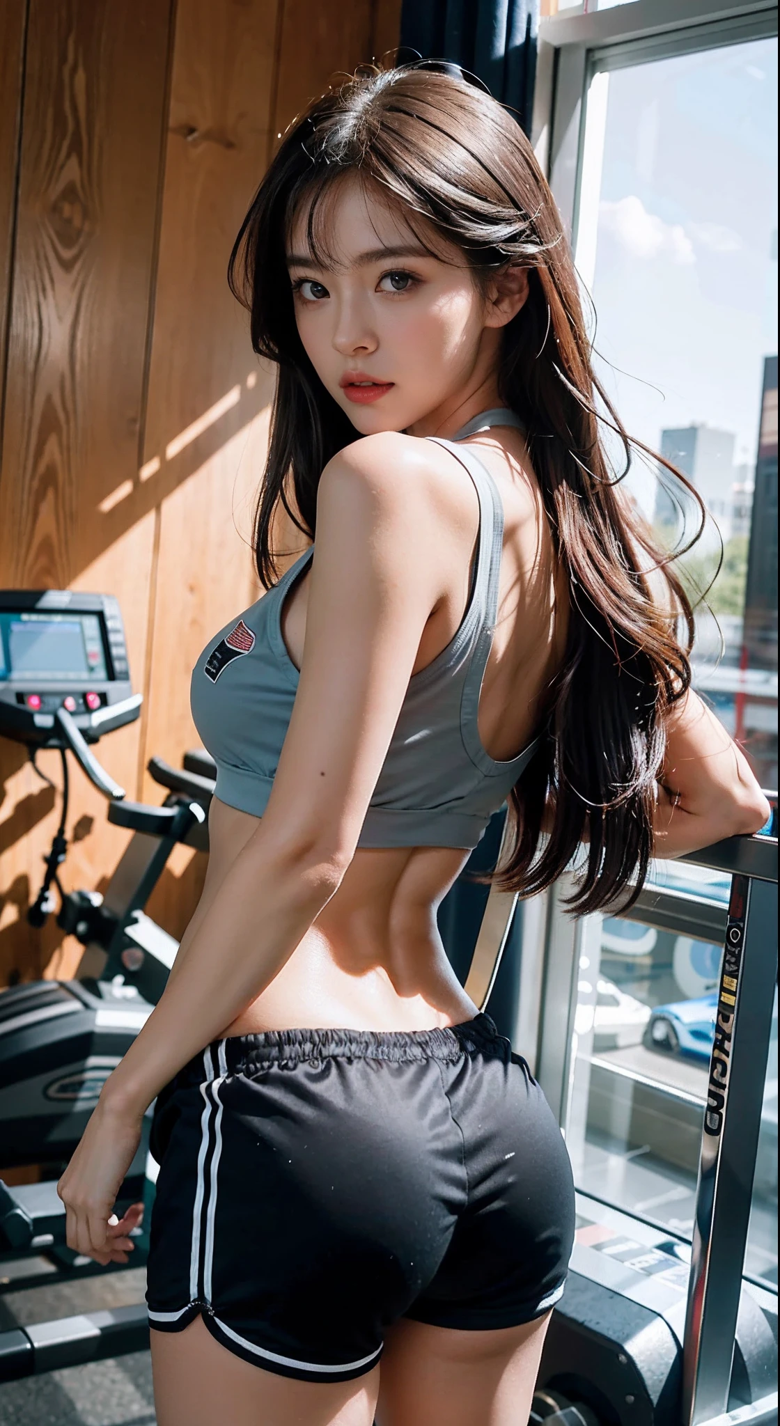 NSFW,((best qualtiy,8K,tmasterpiece:1.3))),Clear focus:1.2,(layer cut,The large:1.2),Beautiful Women in Perfect Figure:1.4,Slender abs:1.2,Moist body:1.5,Highly Detailed Face and Skin Textur,Detailed eyes,二重まぶた,Enchanting woman,huge tit,Purple eye,Seductive,long whitr hair,Wear a high school girls' uniform,Black skinny shorts,white limbo(Black skinny shorts),Point your butt at the camera,with fair skin,Hold your ass,Against you,Look back at you,in the gym,Next to fitness equipment,Deliberately puffing out the buttocks)have eyes on the camera