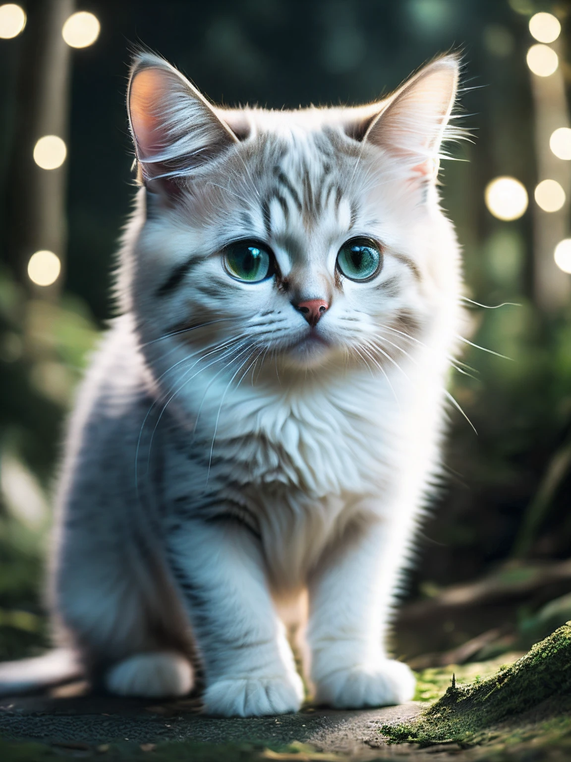 foto em close de um gatinho, com 10 anos de idade pulando muito fofo na floresta, soft volumetric lights (retroiluminação: 1.3), (kinematics: 1.2), detalhes intrincados (ArtStation: 1.3), Rutkowski