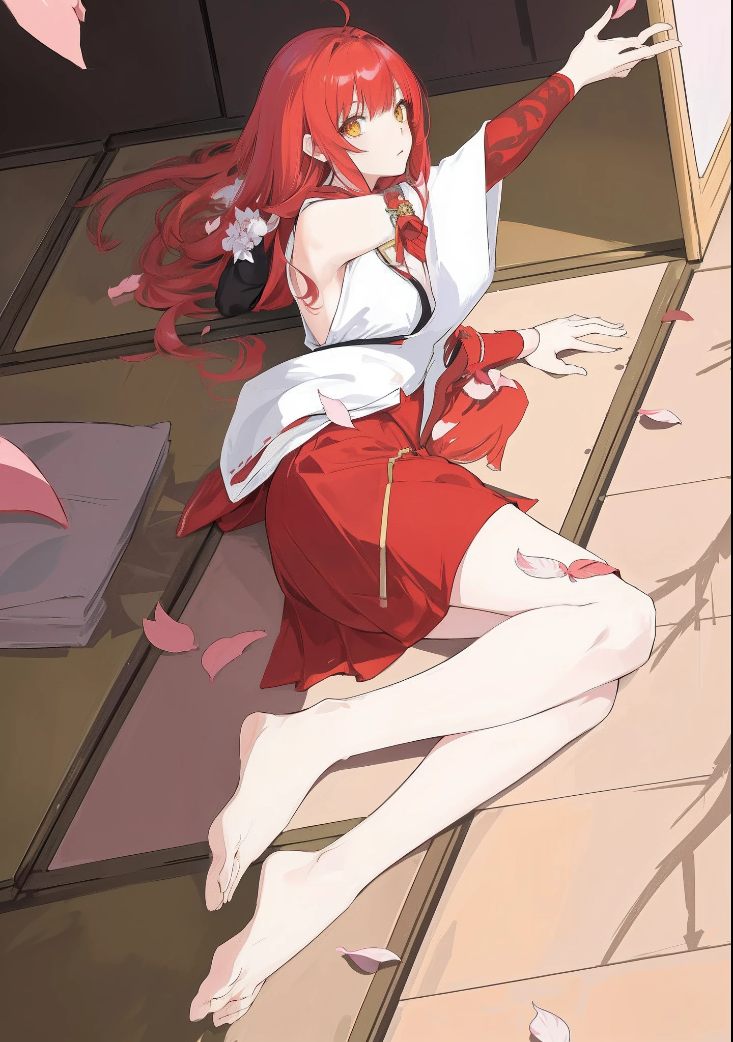 tmasterpiece,HighestQuali,Anime girl lying on the floor in witch costume,Red long-haired,Yellow eyes,White witch costume,，arms out, rias gremory, Ayaka Genshin impact, anime visual of a cute girl, ayaka game genshin impact, Marin Kitagawa fanart, cute anime waifu in a nice dress, Smooth anime CG art, sakura petals around her, azur lane style