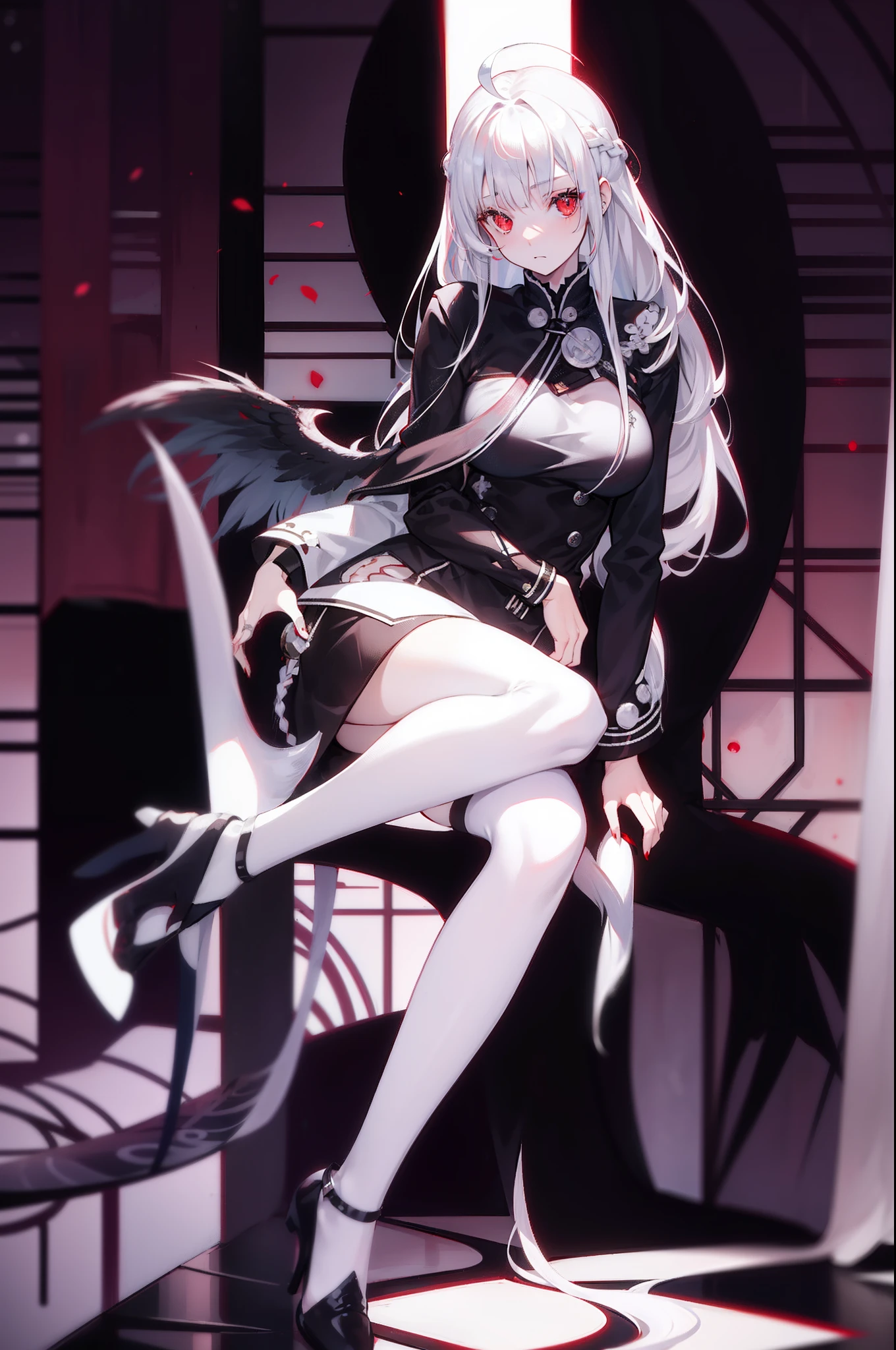1girl,bishoujo,stare,red eyes,beautiful detailed eyes,long hair,white hair,silver_hair,Wing-like bangs,Dull hair,ahoge,Hair rings,braid, cold