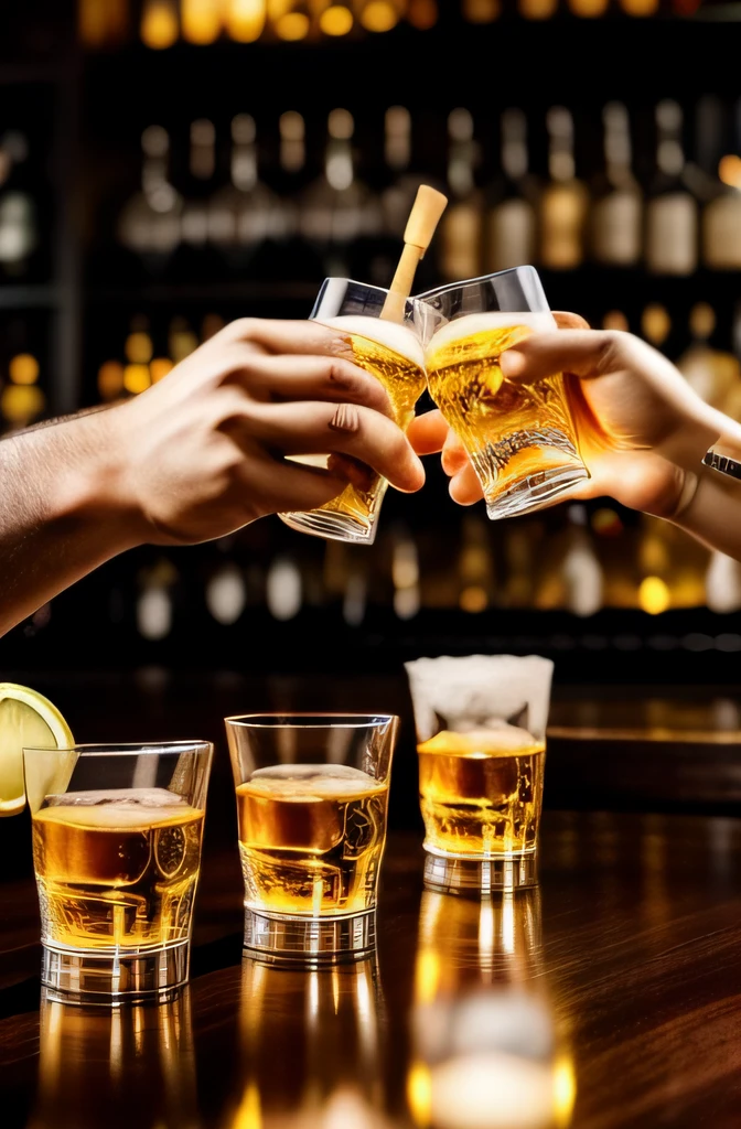 Arms of men and women toasting tequila at bar and shot glasses with tequila