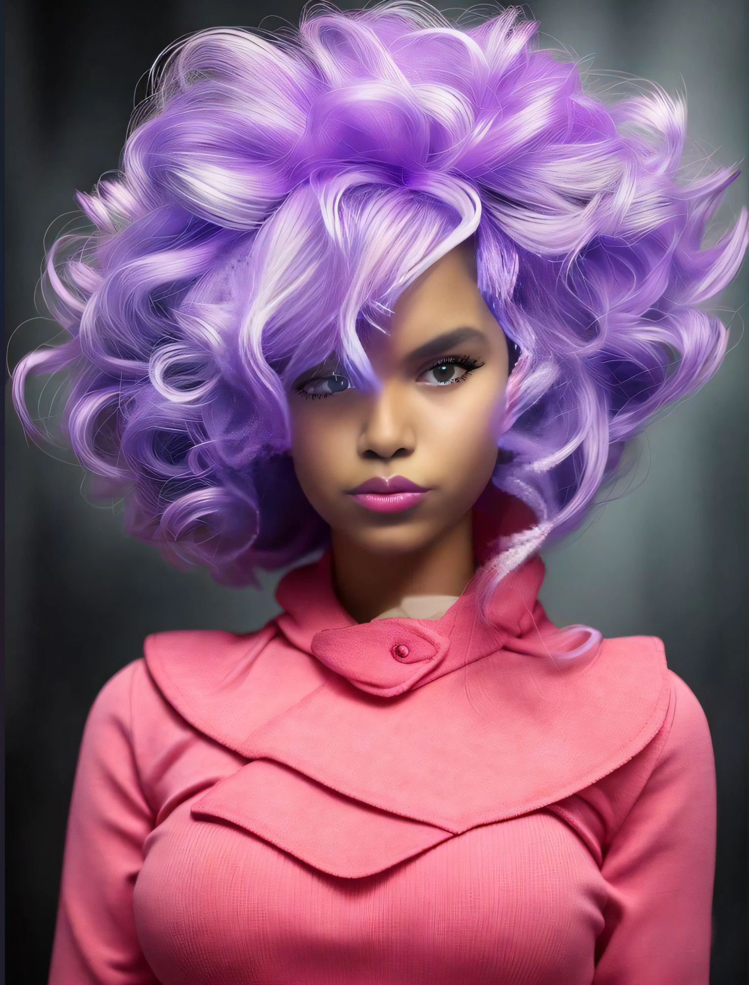 um close up de uma mulher com uma peruca roxa e uma camisa rosa, cor violeta, cor vibrante, cor da pele roxa, tonalidade roxa, alta textura colorida, messy curly pastel hair, dramatic hair color, cor vibrante!, cor vibrante, lilac hair, purple head, cor roxa, vibrant pastel colors, bold pastel colors, rich vivid pastel colors, retrato do cabelo roxo da mulher