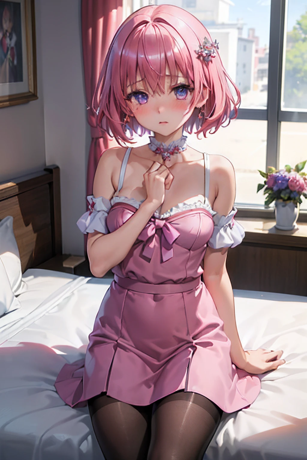 ultra-detailed、(8k, RAW photo, best quality, masterpiece:1.2), (extremely detailed 8k wallpaper),professional lighting,sharp focus, depth of field、nfws,(fullbody),((Beautiful Bride)),((fluffy short bob、rainbow colored curl hair、curly hair))、(complete wedding dress、Long skirt length),lace veil、lace shawl、tiara、necklace、((white pantyhose)),((sit on the bed))。((open legs))、((Hiding the crotch with a skirt)),(blush)、((very embarrassed)),((troubled face、I am going to cry)).Flowers behind、(luxury bed)、((night))