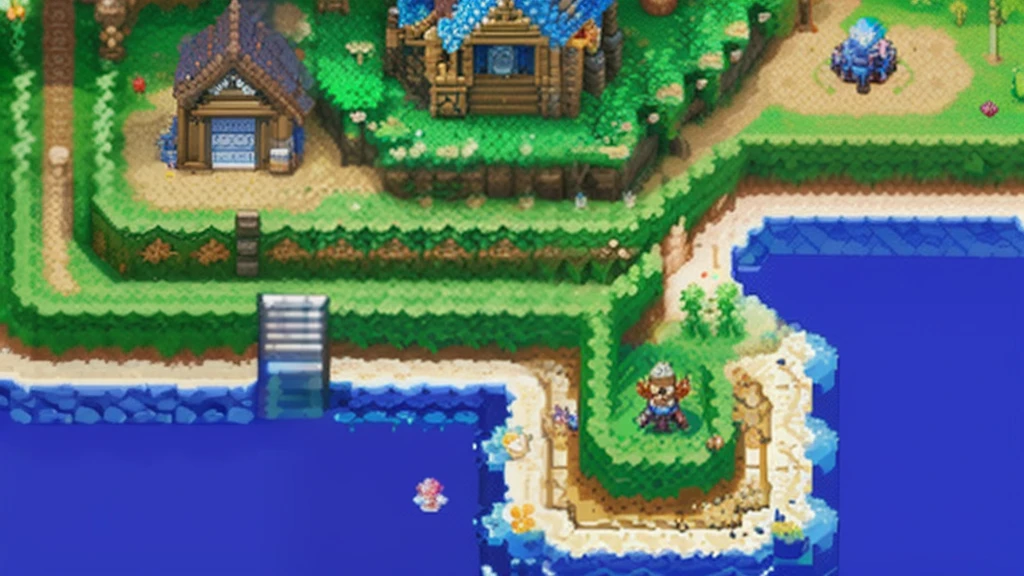 鸟山明风格,Flat pixel games《dragon quest》,Game scene design,(a paradise:1.4),16-bit pixels