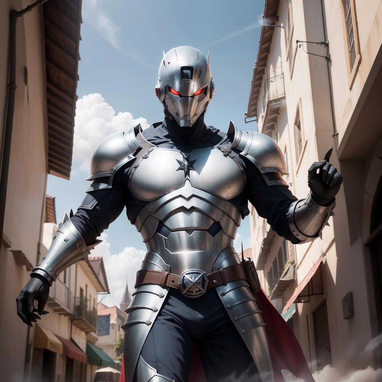 Besta X-man sem capacete em uma cidade medieval em chamas ao fundo sendo atacada por sentinelas, sem terno colorido, sem armadura colorida, Detailed claws on the hands, The X-Man beast wearing medieval steel armor without a helmet, Cor fullsteel, Armadura medieval precisa, armadura medieval realista, Cidade em chamas, clouds of smoke, sentinelas de combate distantes, rosto sem capacete de uma vista de fera sobre o ombro, cinemactic, armadura ensanguentada, sangue na armadura, High definition, Rosto detalhado perfeito, Perfect graphics, arte,