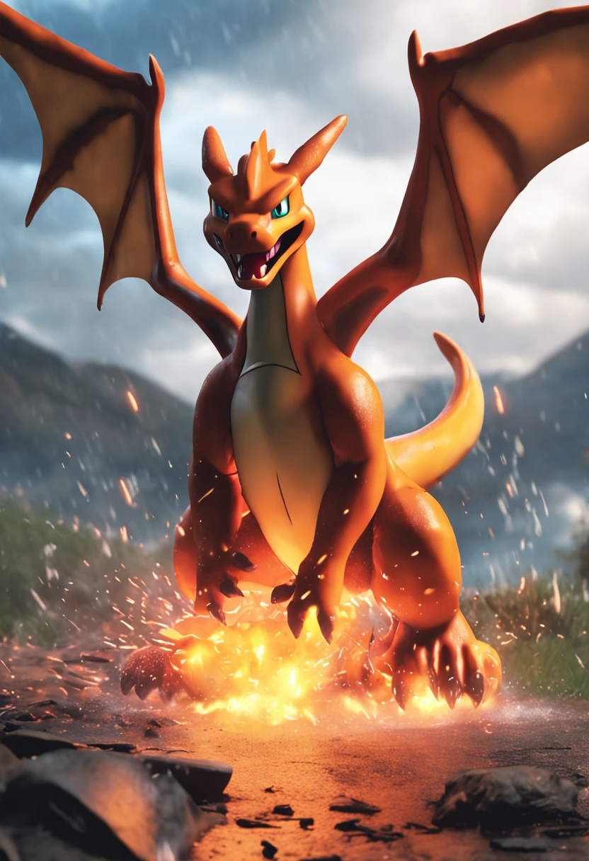 Charizard Using flame blast in the rainy stormy sky in an epic fashion