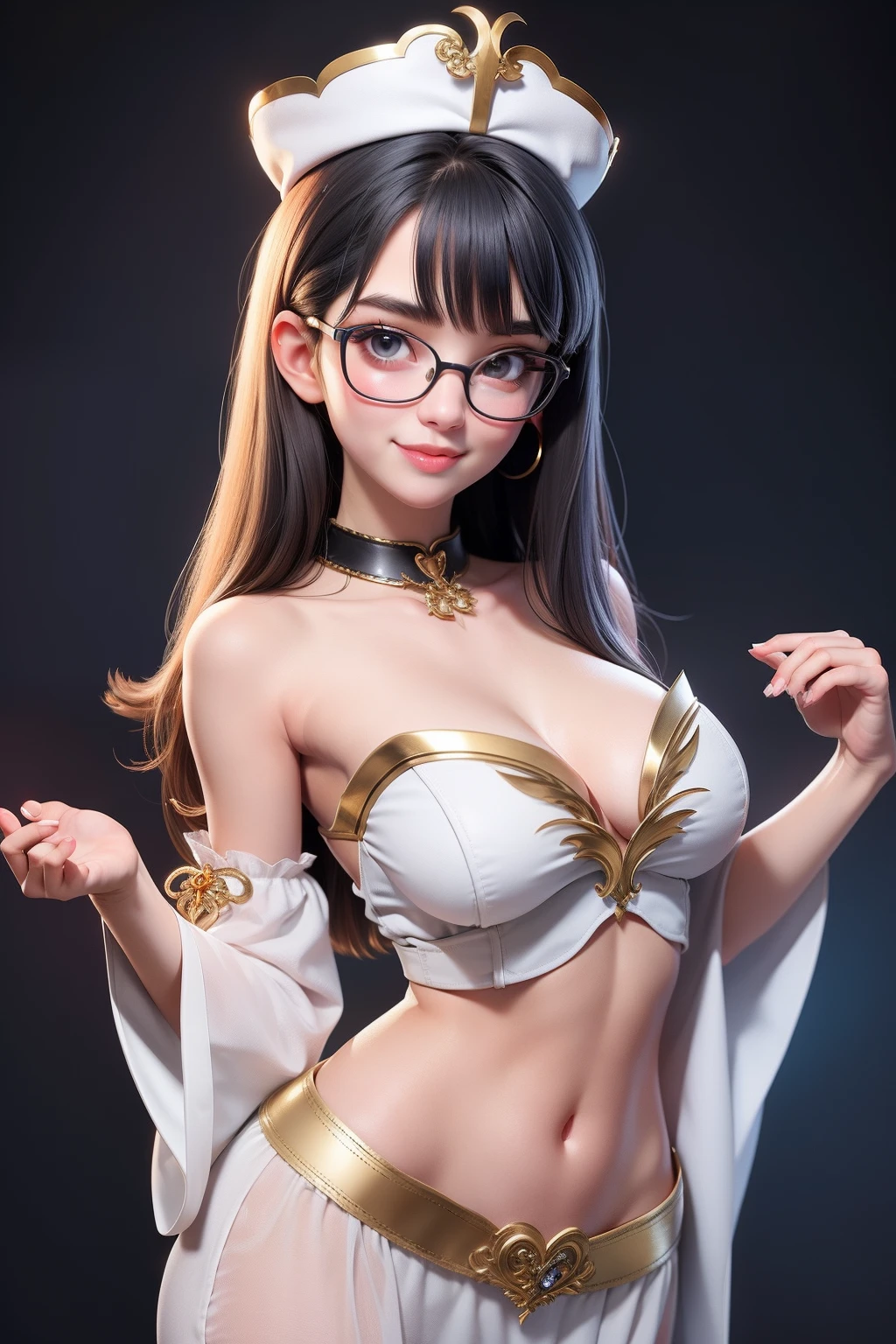 1 cute girl (18yo) glasses, upper body, slim waist, small breast, sexy pose, naugthy face, bangs, random hairstyle, cleavage, navel, collar, collarbone, off shoulder, seductive smile, wear intricately detail hot and sexy outfit, priest costume, wear unique hat, white and gold color, upper body. flat gray color for background