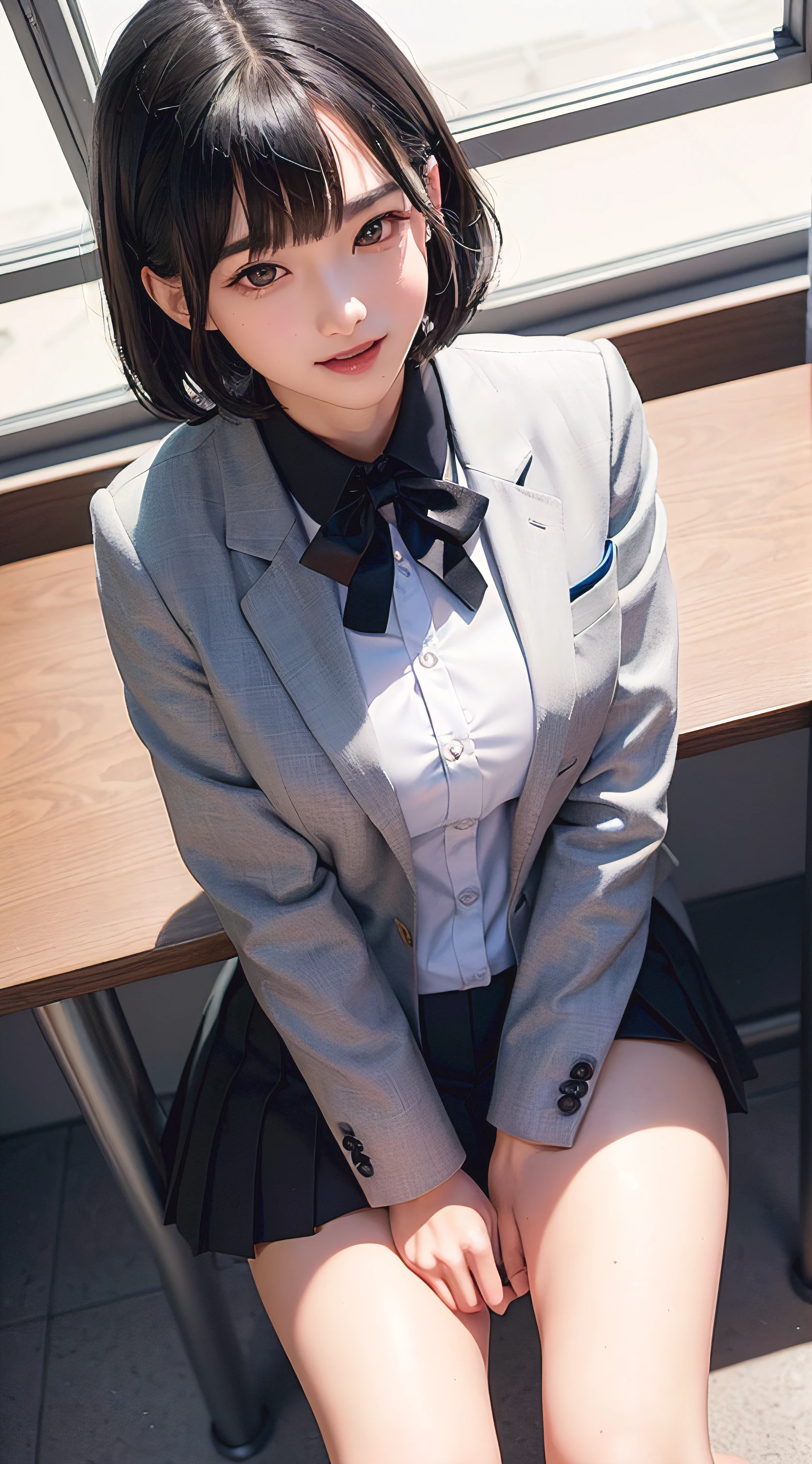 ((8k, RAW photos, top quality, masterpieces), high-definition RAW color photos professional close-up photos, (realistic, photorealism: 1.37), (highest quality), (best shadows), (best illustrations), collarbones ((big)), ((erotic, sexy, ultra high resolution, high-definition CG unified 8K wallpapers, physically based rendering, movie lighting), (aegyo sal:1), 18 year old girl, (grey blazer, ribbon, socks, high school uniform: 1.2), high school classroom, beautiful detail eyes, light on the face, ((full body shot: 1.2)), especially strong light, (upper eyes, grinning smile:1.2),shiny skin, (((black hair, bob hair:1.2))), ( thick thighs), ulzzang-6500-v1.1:0.2, shy, (flash:1.2), NSFW , (puffy), ((seductive posture: 1.2, attractive: 1.2)), (idle), (sitting at a desk in classroom: 1.2)), ((good anatomy: 1.2)), ((bright and refreshing classroom, background blurred: 1.2)), perfect face, cute face, (high angle shot:1.2)