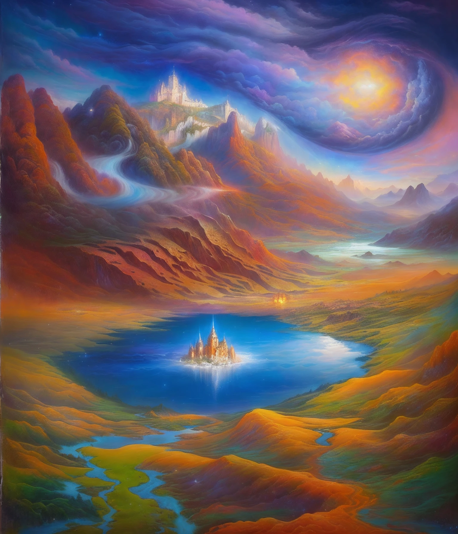 pintura de uma paisagem de montanha com um lago e um castelo, Inspirado em Tomasz Alen Kopera, Painting of a dreamlike landscape, inspirado em Vladimir Kush, symmetrical fantasy landscape, Mystic oil on linen, Fantasy oil canvas, Pintura realista de fantasia, Detailed dreamscape, surreal oil on canvas, Fantasy oil painting, epic surrealism 8k oil painting, Mystical setting