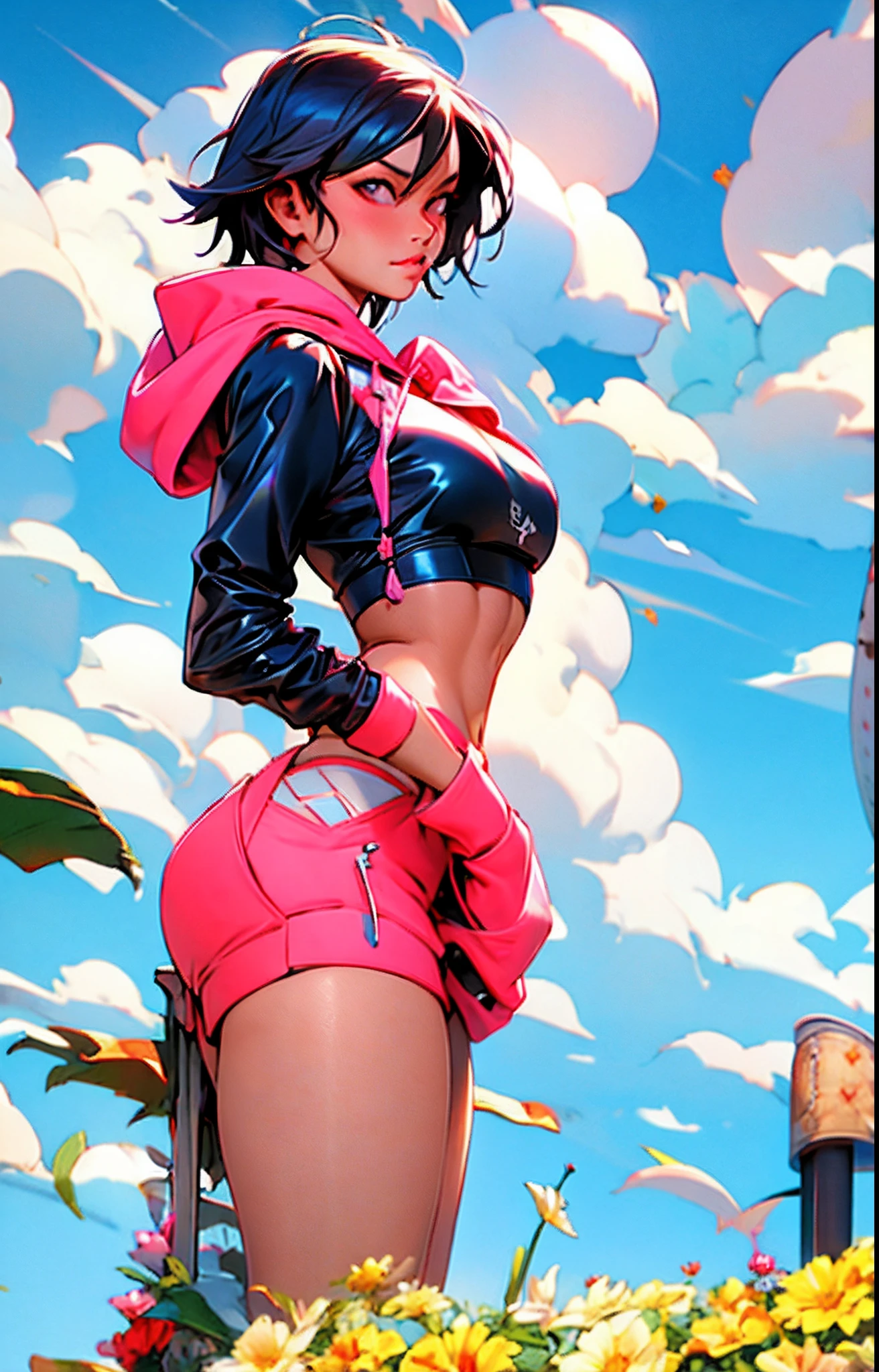 ((Masterpiece)), (Hdr), Best quality, extremely detailed face, perfect lighting, 1fille, seulement, Matai Ryuuko, streetwear, pink hoodie, crop top, casual, (smirk:0.7), (rafale de vent:1.0), (cheveux noirs:0.4), (serious:0.6), (Cheveux courts:0.5)