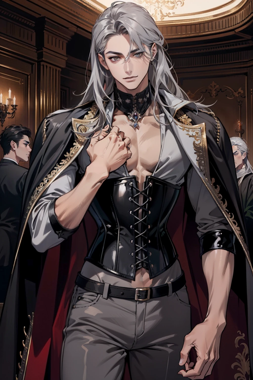 (absurderes, A high resolution, Ultra detailed), 1人, 30 years old man, adult man, Handsome, Tall,, finely detailed eyes and detailed face, Leather pants, (((Open chest))), (((Lower chest corset))), Night, Smile, Dutch angle, ((Long hair, Gray hair)), golden detailing, Gothic, Vampire, Vampire Prince, Dark, Simple clothes, Looking at the view, brown tanned skin, Detailed eyes, (Masculine), y, elegant, Long bangs, Detailed hands, (((Gray eyes))), Corset, flirt,
