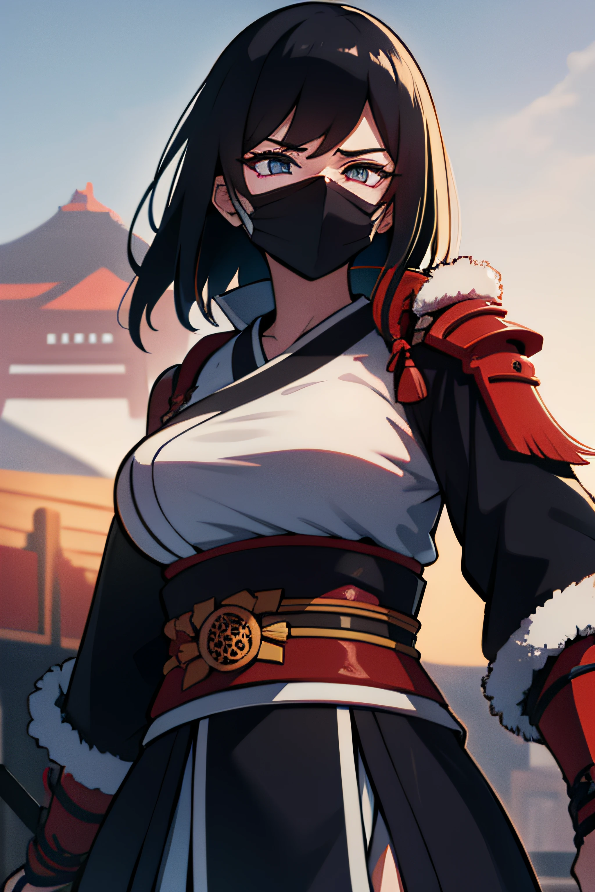 samurai ninja girl assassin in the village holding eagle