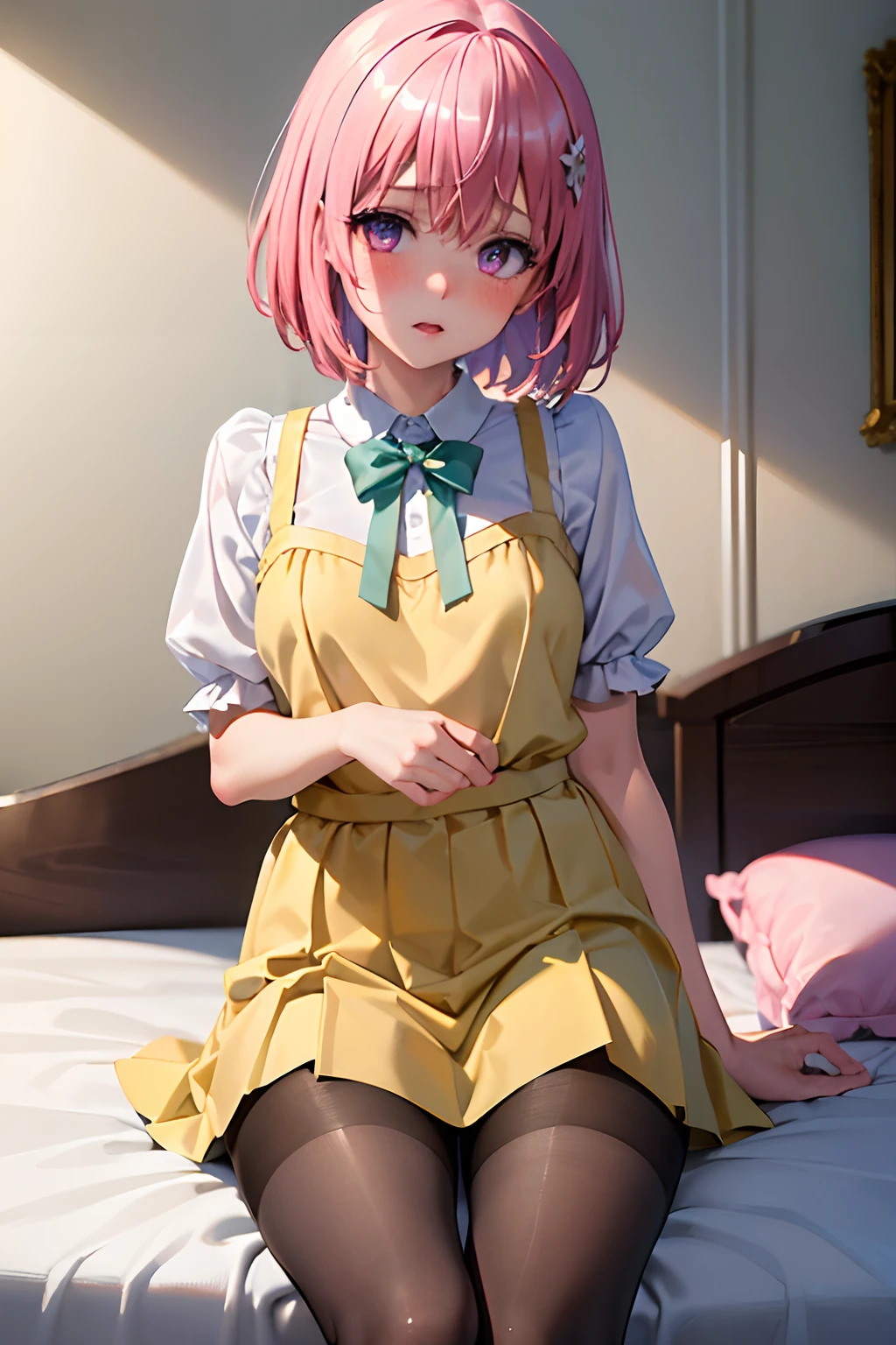 (top-quality:1.1), (masterpiece:1.4), (absurderes:1.0), portlate, a closeup,
1girl in、Momovelia Deviluk、hair adornments、bob cuts、Shorthair pink hair、a purple eye、Medium chest、Yellow Uniform、looking at the viewers、bedroom、(red blush:1.2)、embarassed expression、((pantyhose))、on the beds、