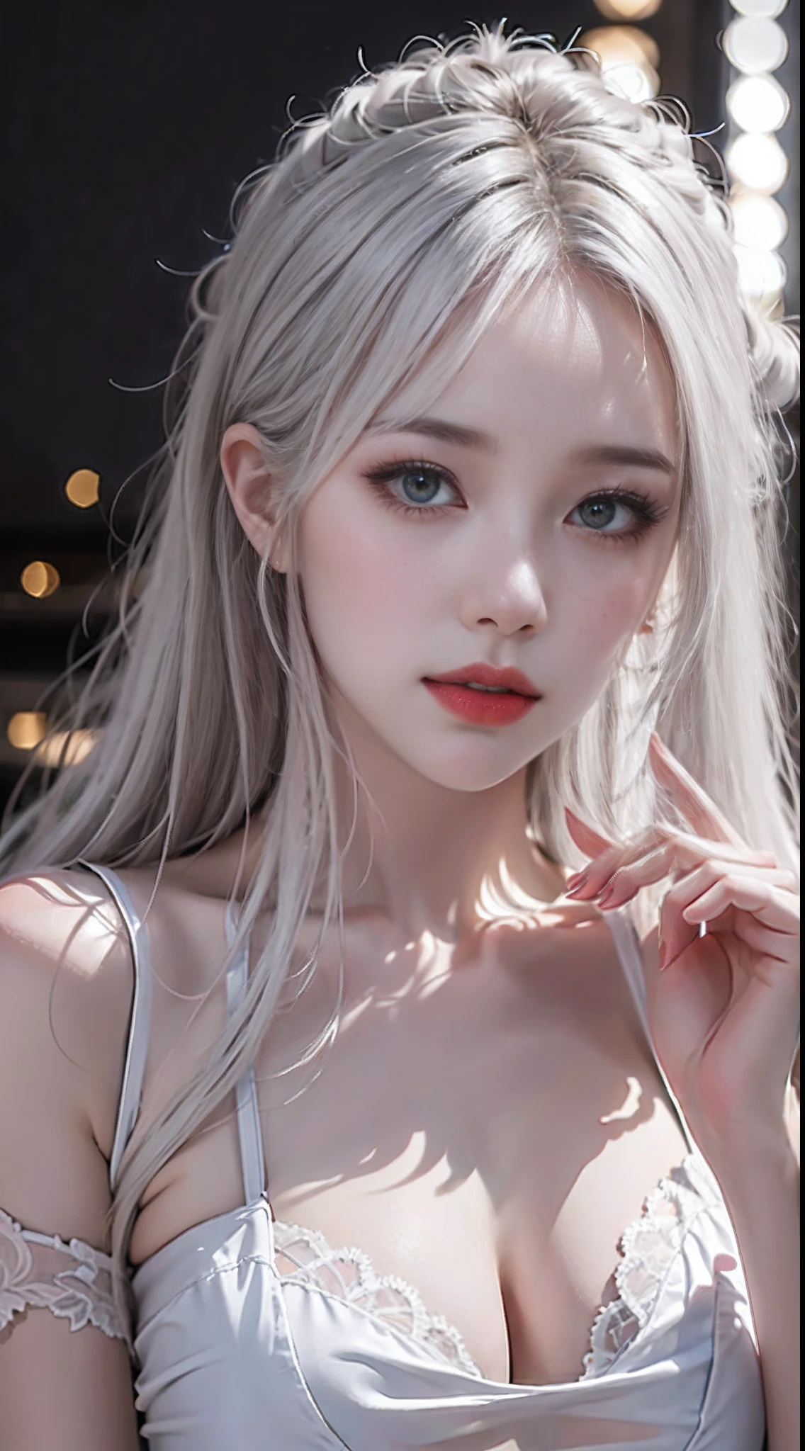 Realistic, high resolution, upper body, 1 woman, white hair, glowing eyes, shirt, transparent garment, 8K, CG, seduction, goddess, hands on the back of the head