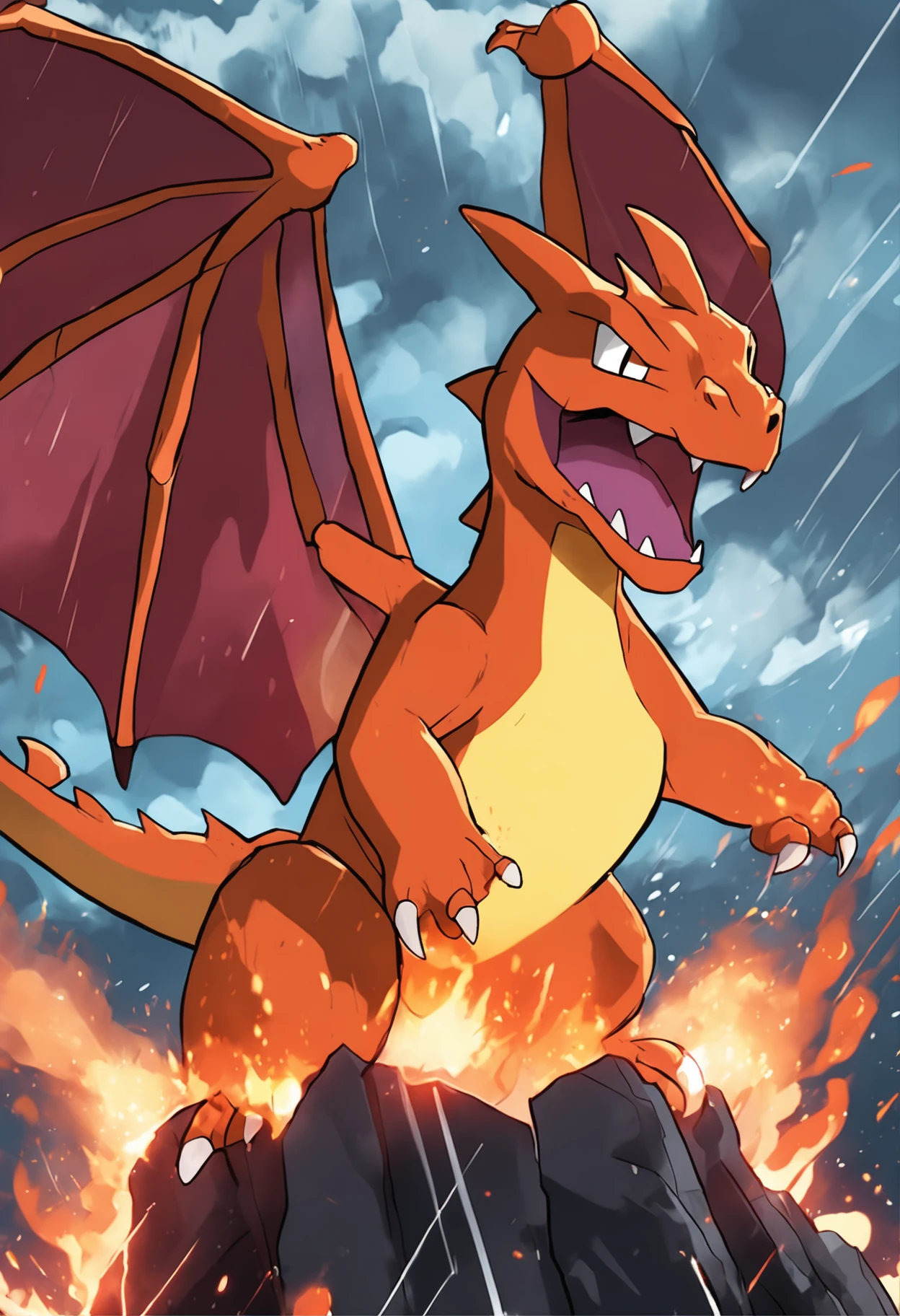 Charizard Using flame blast in the rainy stormy sky in an epic fashion