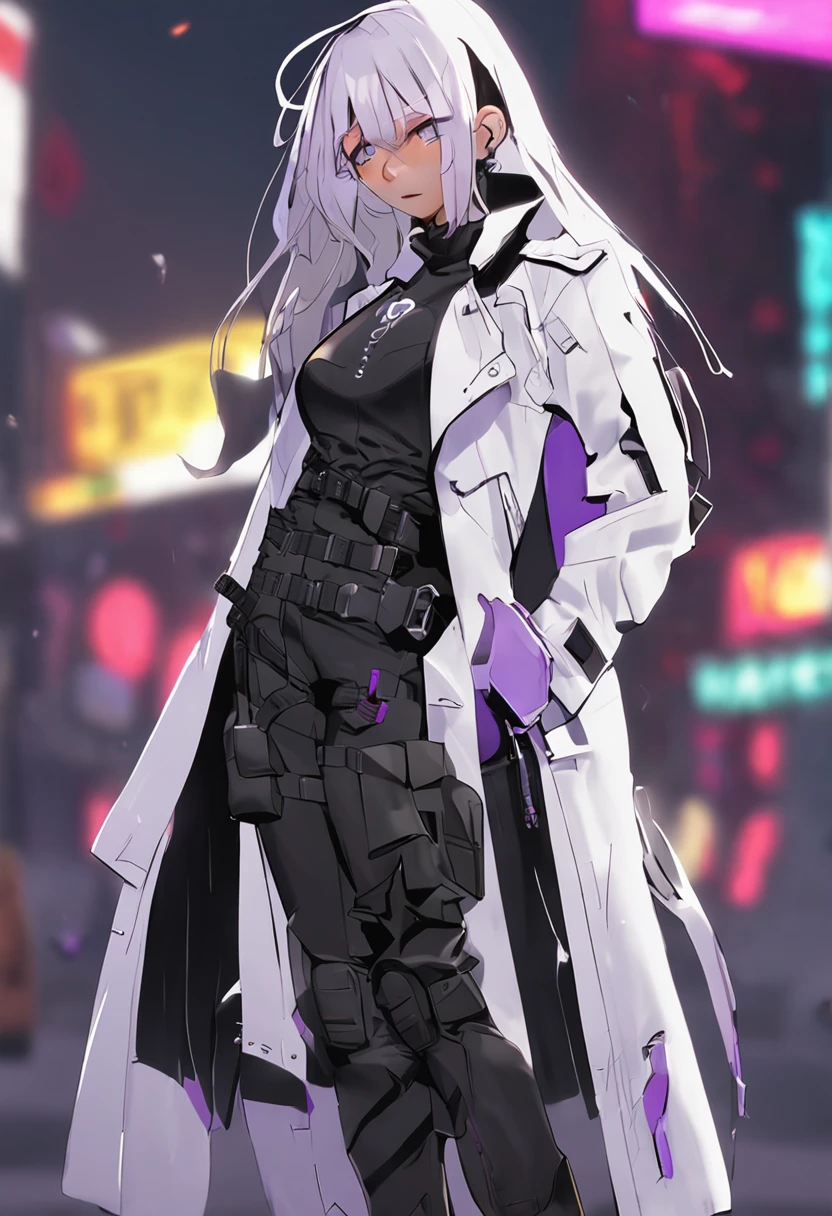 Two-dimensional woman,Long white silky hair,Bright purple pupils,White trench coat with black hard vest armor,A tactical belt hangs a black pocket,Black slim trousers with leggings,A pair of black tactical high-top boots,4k高清