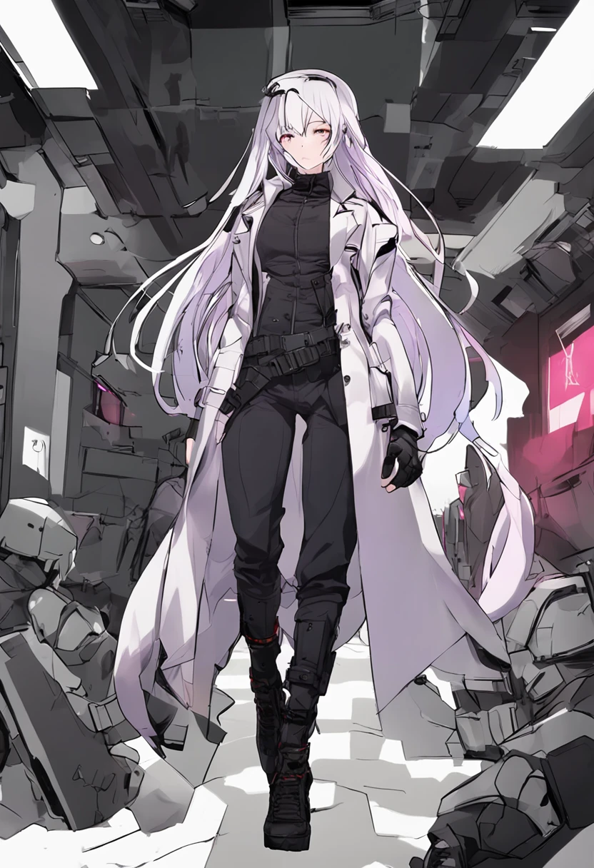 Two-dimensional woman,Long white silky hair,Bright purple pupils,White trench coat with black hard vest armor,A tactical belt hangs a black pocket,Black slim trousers with leggings,A pair of black tactical high-top boots,4k高清