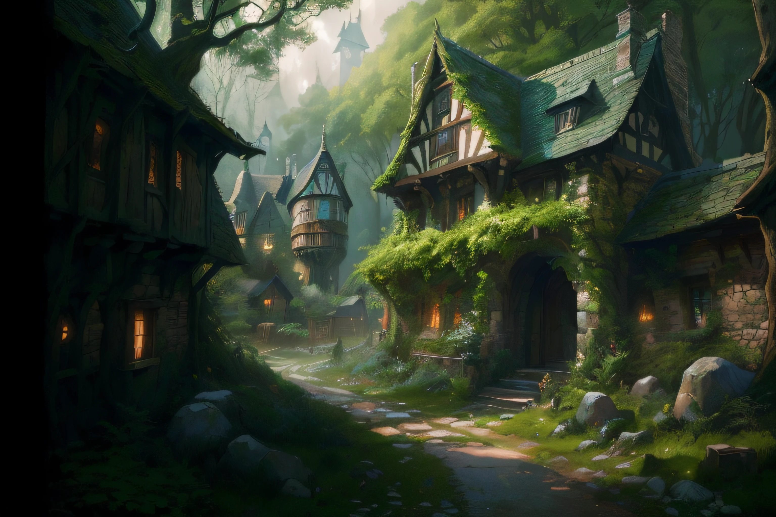 there is a house in the woods with a pathway leading to it, village in the woods, medeival fantasy town, fantasy town setting, andreas rocha style, fantasy town, painted by andreas rocha, highly realistic concept art, by Andreas Rocha, inspired by Andreas Rocha, medieval fantasy game art, medieval fantasy art, 4k fantasy art