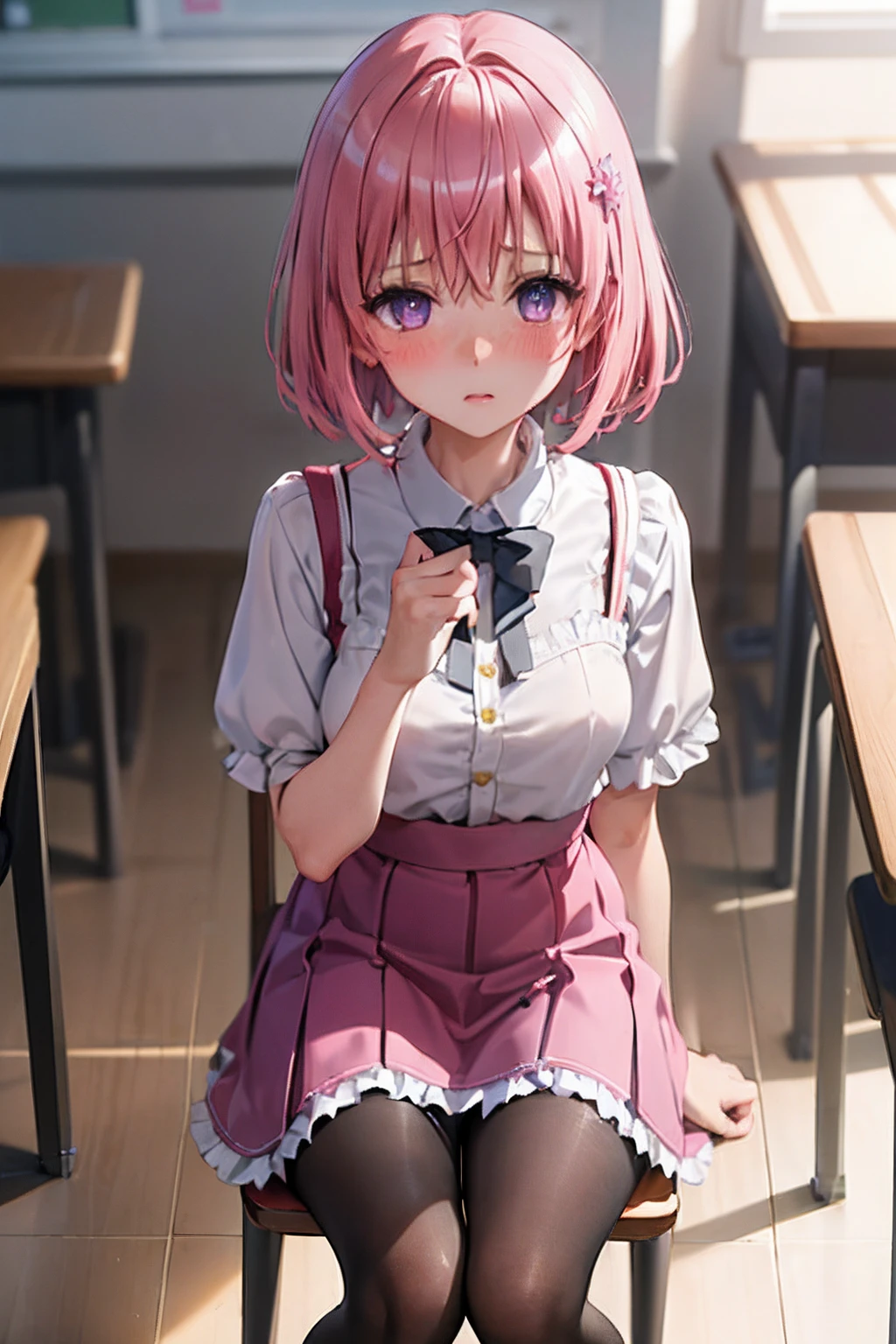 (top-quality:1.1), (masterpiece:1.4), (absurderes:1.0), portlate, a closeup,
1girl in、Momovelia Deviluk、hair adornments、bob cuts、Shorthair pink hair、a purple eye、Medium chest、Yellow Uniform、looking at the viewers、Classroom、(red blush:1.2)、embarassed expression、((pantyhose))、sit a chair、