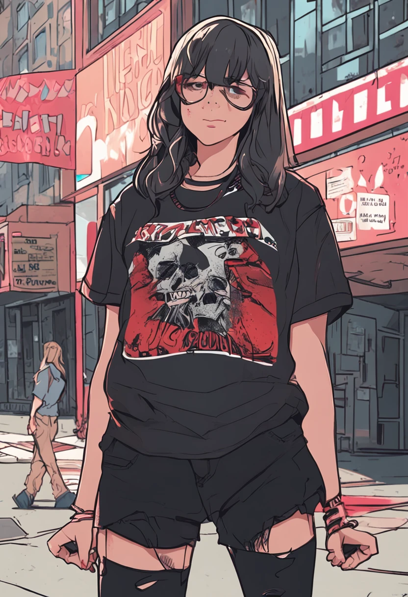 Picture of a fat high schooler goth girl, wearing a black oversized rock band t-shirt and jeans shorts and boots, big short sleeves, blonde hair long hair and hairbangs, blue eyes, standing in a high school class, full body picture, high resolution, wearing a red triangle shaped neck bandana scarf, sad face, arm tattoos