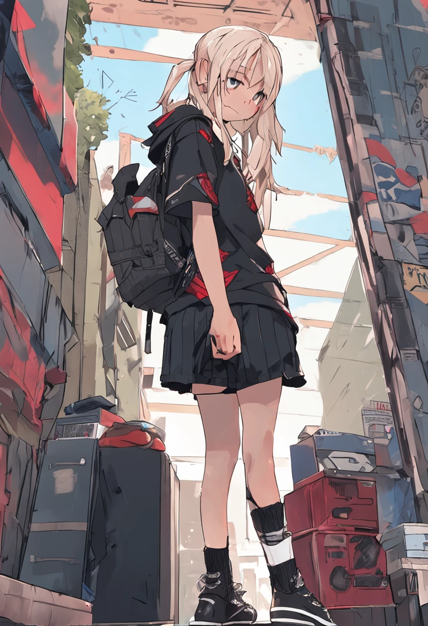 Picture of a fat high schooler goth girl, wearing a black oversized rock band t-shirt and jeans shorts and boots, big short sleeves, blonde hair long hair and hairbangs, blue eyes, standing in a high school class, full body picture, high resolution, wearing a red triangle shaped neck bandana scarf, sad face, arm tattoos