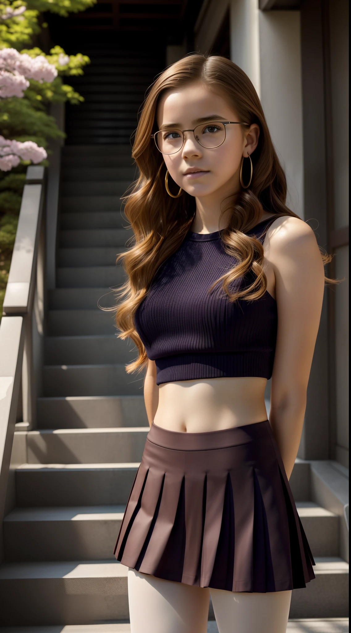 beautiful young Kiernan Shipka, very realistic detailed face, 14 years old, very light skin tone, glasses, big earrings, bare breasts, pleated skirt, dark leggings, morning sun, hyperrealistic, model body, small breasts, hair long, wavy hair, red hair ends, long legs, 8k, 超High resolution, best quality, city in Japan, Tokyo, RAW portrait, photorealistic, cherry blossom, ambient lighting, detailed shadows, camera focus on genitalia, leaning forward, man grabbing girl, strong wind, mist, on stairs, low camera facing up, (pixelart: 1.2)