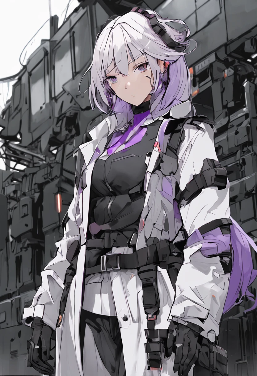 Two-dimensional woman，Long white silky hair，Bright purple pupils，White trench coat with black hard vest armor，A tactical belt hangs a black pocket，Black slim trousers with leggings，A pair of black tactical high-top boots，4k高清