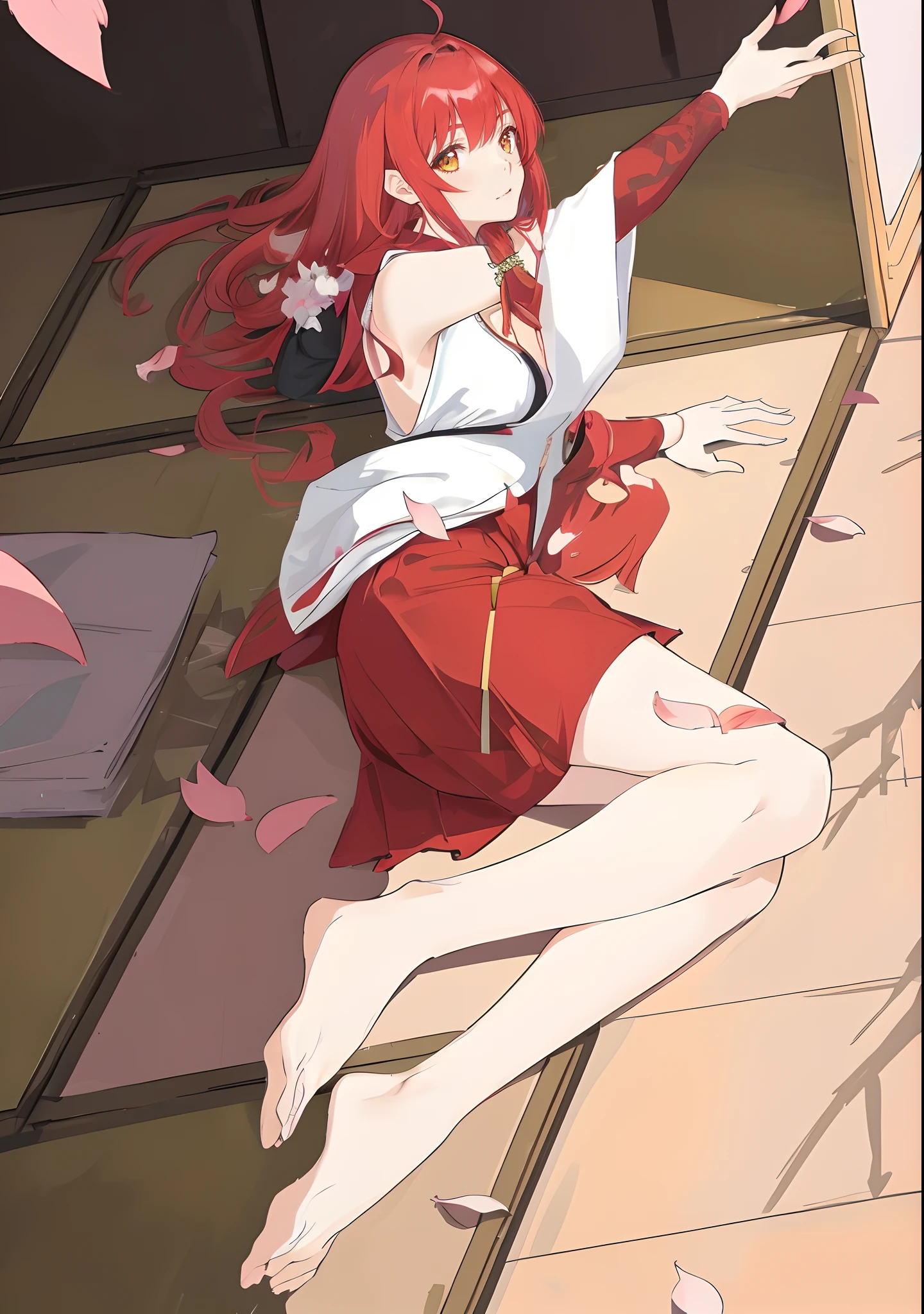 tmasterpiece,HighestQuali,Anime girl lying on the floor in witch costume,Red long-haired,Yellow eyes,White witch costume,,arms out, rias gremory, Ayaka Genshin impact, anime visual of a cute girl, ayaka game genshin impact, Marin Kitagawa fanart, cute anime waifu in a nice dress, Smooth anime CG art, sakura petals around her, azur lane style