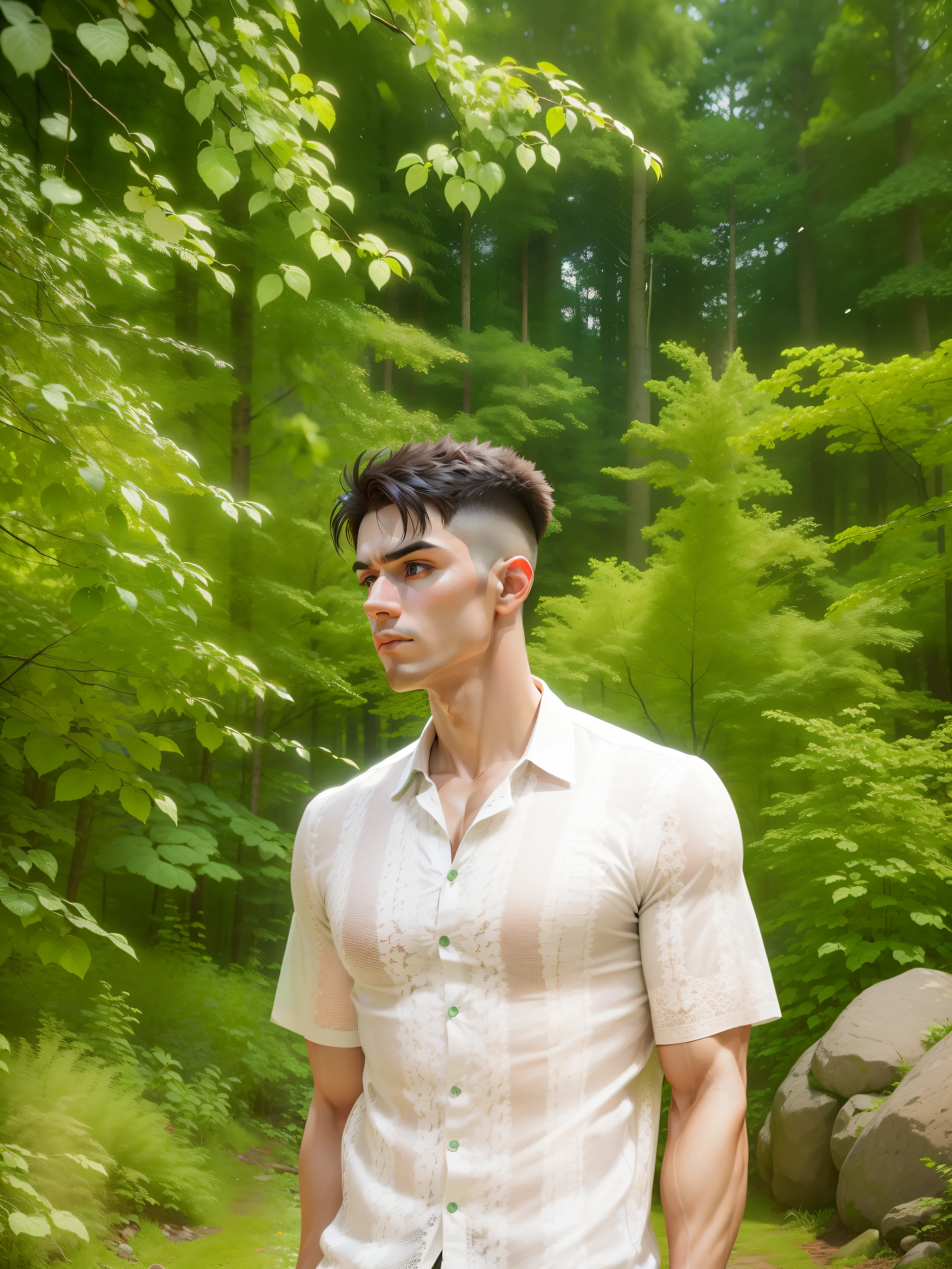 Original same image, remove background to forest background with Bokeh blur, muscular body, details photo, hyper realistic, realistic, 8k, dramatic lights in background, forest dark green moody background, same face, photographic style
