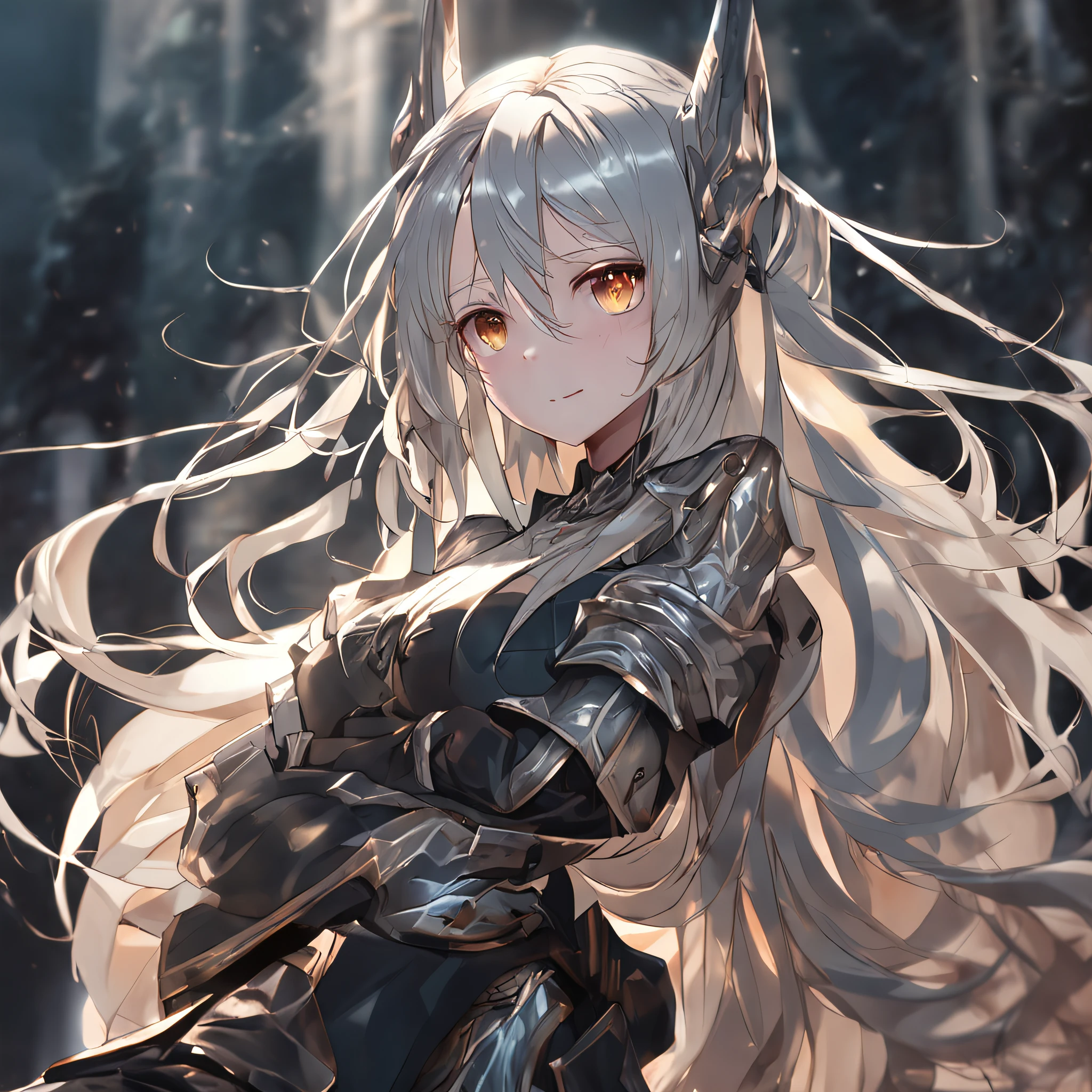 A  girl. the anime. Humanoid demon. golden eyes. Silver long hair. cutie. beste-Qualit. tmasterpiece. Warm, soft lighting. light clothing