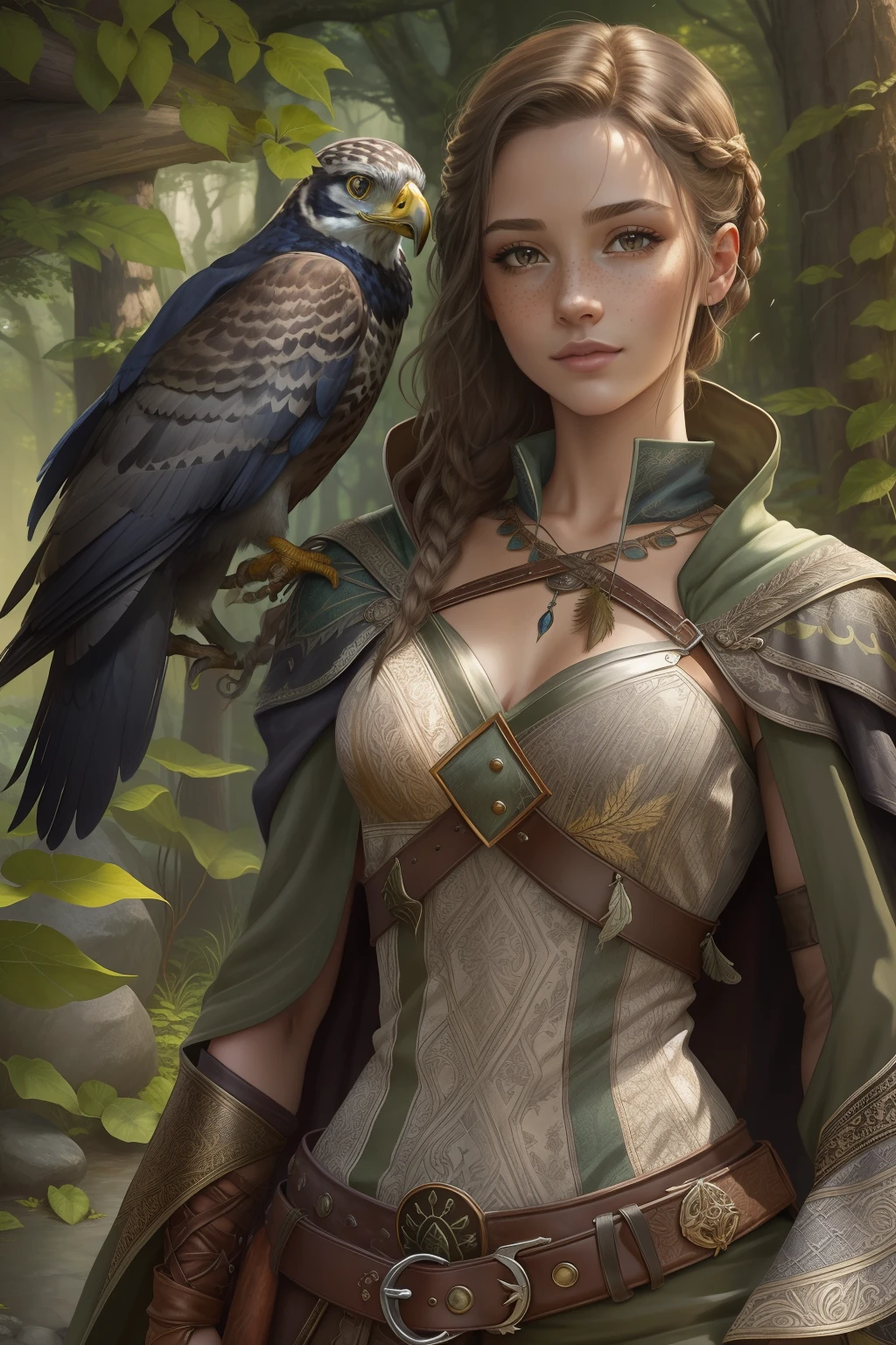 (masterpiece, best quality), photorealistic rendering, game cg cinematic, abstract and colorful drawing style, 1 girl, sexy figure, freckles, sexy posing, silver fishtail braid, solo, (full body:0.6), detailed background, detailed face, (stone theme:1. 1) falconer, falconer's gloves, slight smile, medieval fantasy, high fantasy, brown leather clothing, cloak, hood, belts, belt, belt, enchanted forest, bushes, vines, rocks, lake, (Style-SwampMagic:0.4), roots, leaves, ferns, (butterflies:0.9), feathers, wildlife, sunlight