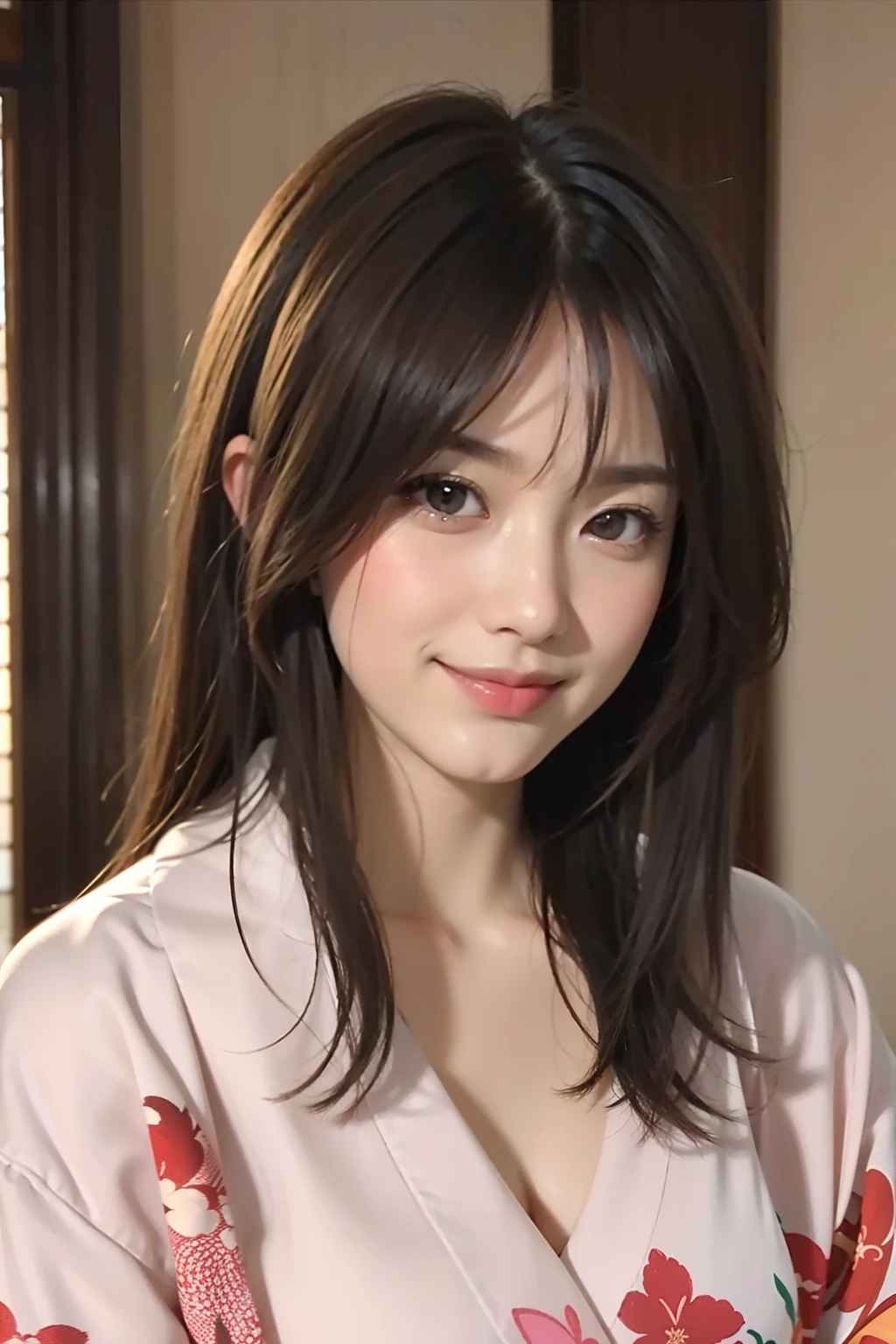 Close up photo、dark brown hair、
top-quality、realisitic、Photorealsitic、(intricate detailes:1.2)、(delicate detail)、(ciinematic light、best quality backlight)、Clear Line、foco nítido、Highly detailed facial and skin texture, Detailed eyes, 二重まぶた、A smile、((Colossal tits))
unity 8k wall paper、超A high resolution、(Photorealsitic:1.4)、looking at the viewers、full body Esbian、ryokan、traditional Japanese room、(Japan floral yukata)