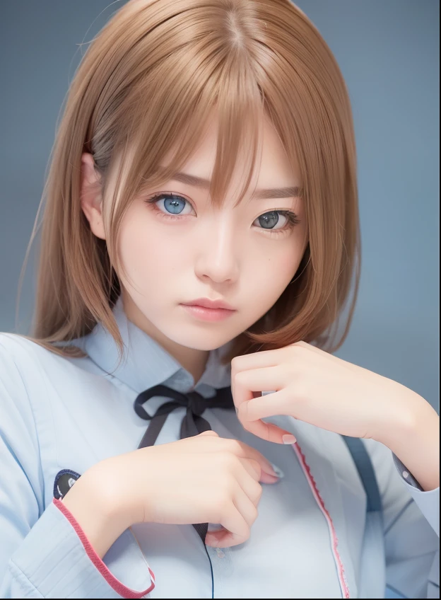 1girl,miku nakano,blue shirt,Short hair,Brown hair,realistic, ultra detail,70mm lens