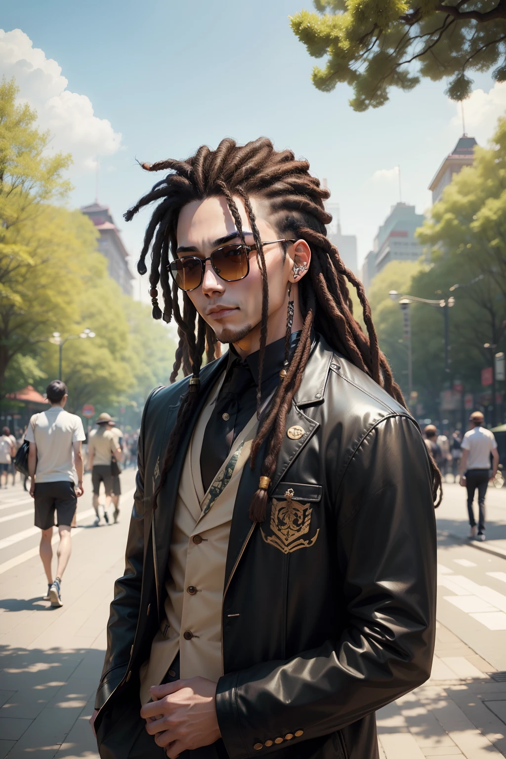 Men enjoying highballs。wears sunglasses。dreadlock hair。a park。