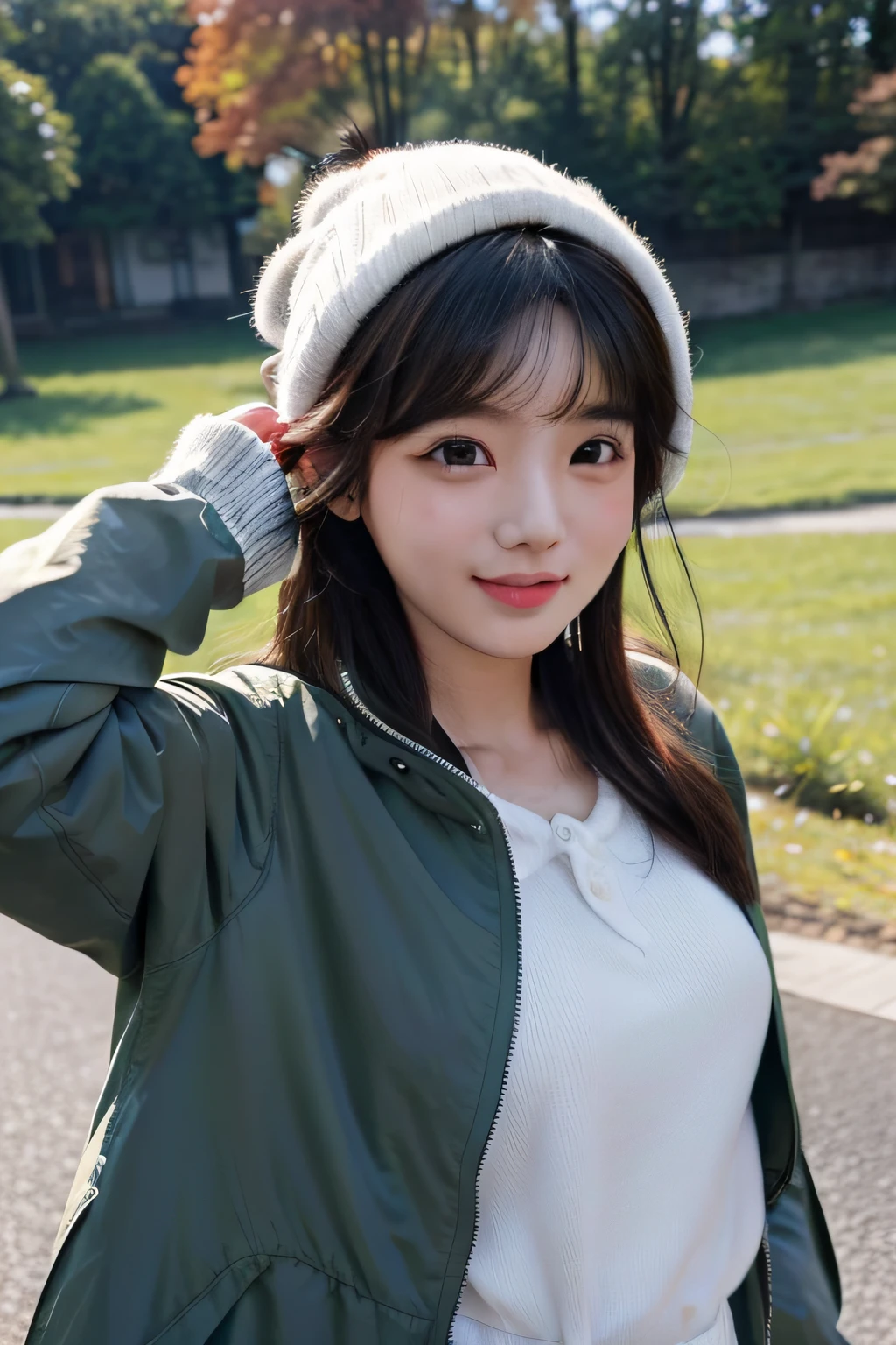 top-quality、超A high resolution、(Photorealsitic:1.4)、女の子1人、cute little、(JPOP Idol)、(aegyo sal:1)、(Puffy eyes)、looking at the viewers、facing the front there、Laughing、autumnal、parka