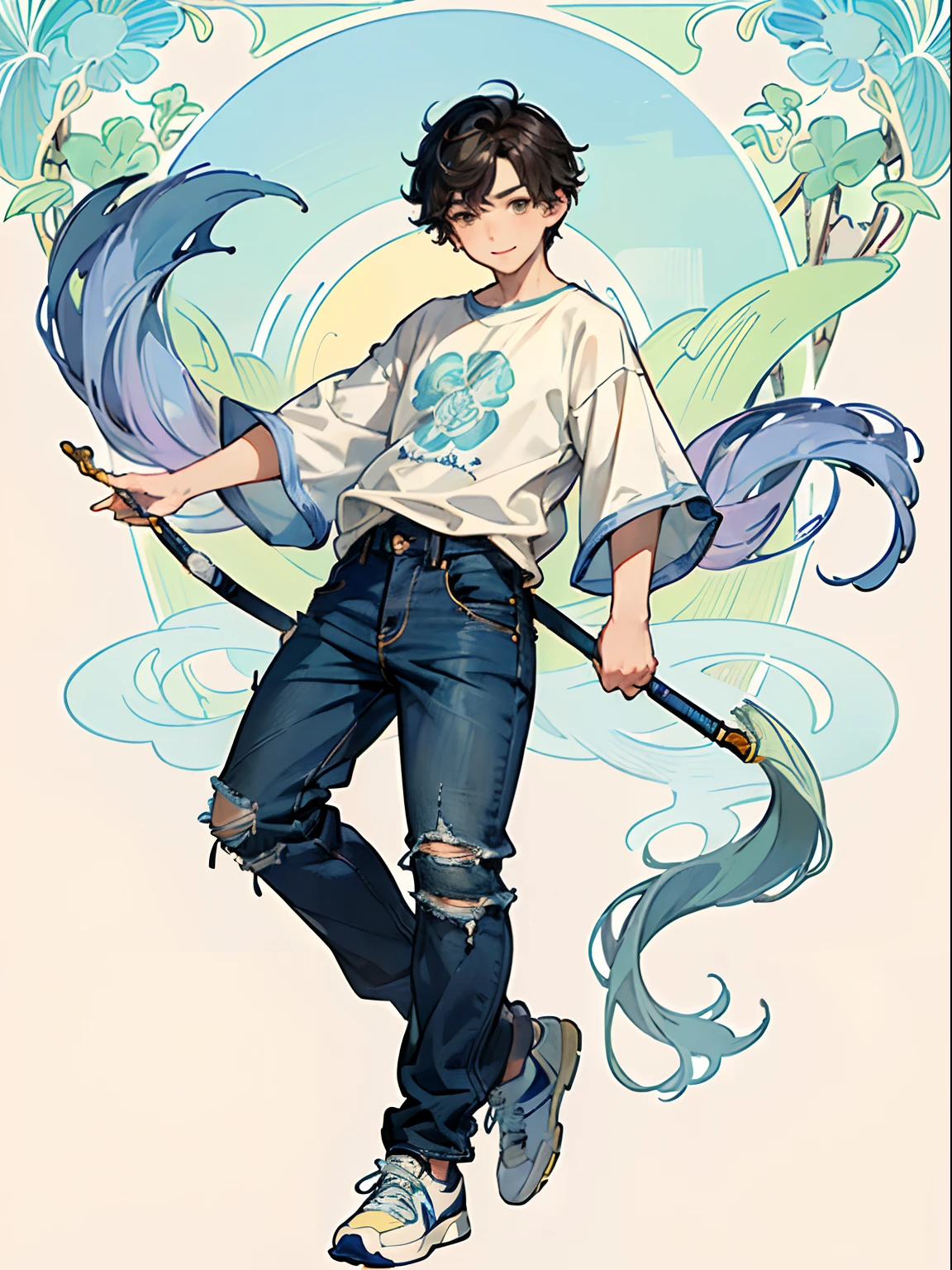 #Quality (intricate-detail、ultra-detailliert:1.2),
#one boy (-yeld boeautiful Boys、whole body、a smile、jolly、A dark-haired、straight haired、short-hair、Natural hairstyle、Good impression、Bullish personality、Little Boing Boy、High Brand Sneakers、Big sneakers、t-shirts,jeans、Boy in the Wind)
#background (Bold and abstract design、Lively and gorgeous background surrounded by plants、Fractal art in pastel blue、Pastel yellow、Natural color design、Alphonse Mucha influenced by Katsushika Hokusai)