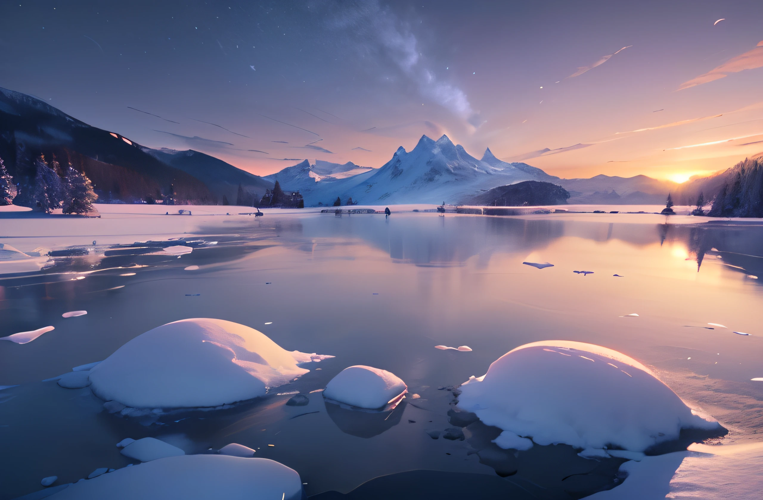 Alafed view of the lake with snow-covered rocks and mountains in the background, marc adamus, max rive, ryan dyar, Surreal frozen landscape, Ice lake setting, beautiful composition 3 - d 4 k, Icy snow-covered lake setting, Shining snow, frozen lake, Matte Painting 4K 8K, 4k HD Matte Digital Paintings, Dreamy Matte Painting, dreamy scene,Frostflower