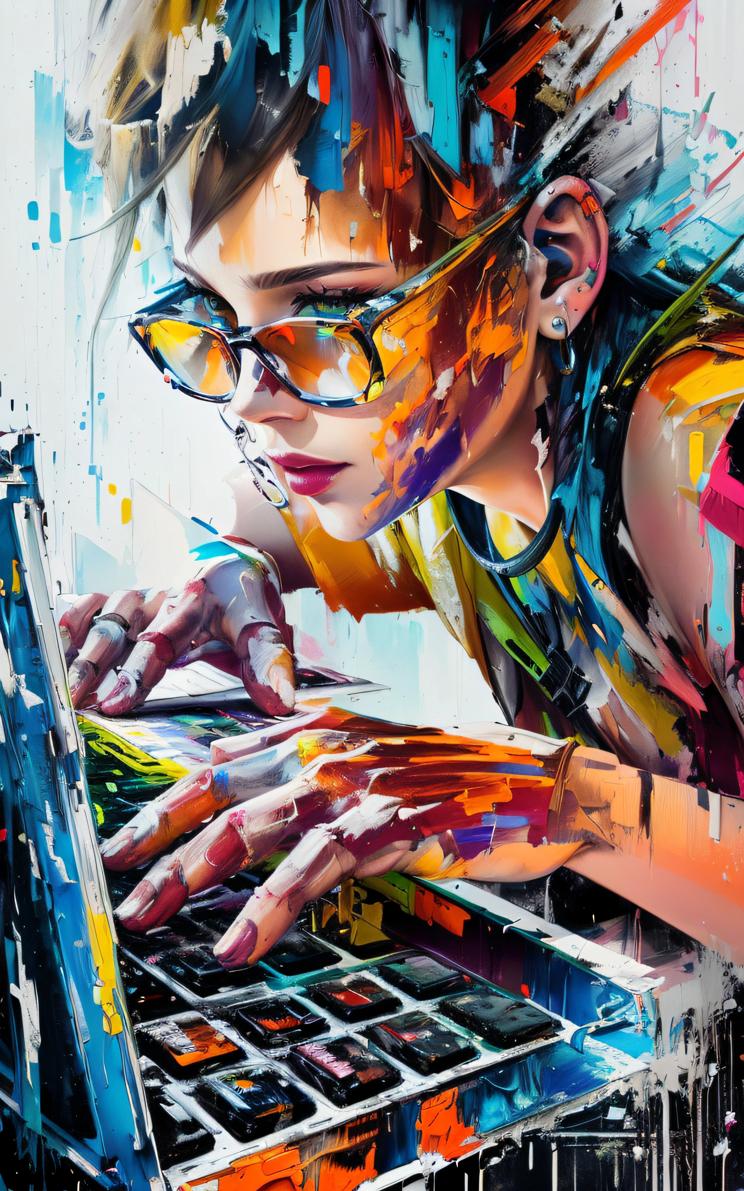 Painting of a woman using a laptop with colorful paint splashes, Arte Digital 4K, Arte bonita UHD 4K, Arte Digital 4K, arte digital 4k, Arte digital detalhada em 4k, pintura detalhada 4K, Arte digital altamente detalhada em 4k, bela arte digital, Arte Digital Widescreen 8K, estilo de arte digital, pintura digital colorida