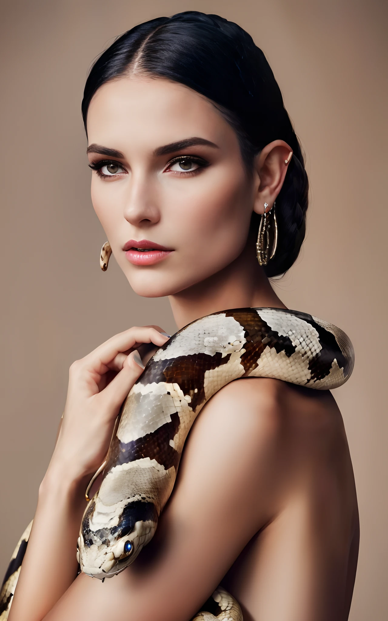 arafed woman with a snake around her neck and a ring on her finger, snake woman, high - end fashion photoshoot, by Emma Andijewska, holding a snake, by Matija Jama, aleksandra waliszewska, inspired by Emma Andijewska, with snakes for hair, mixed with snake, snake oil skin, snake-face lady
