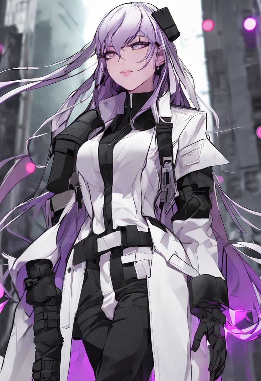 Two-dimensional woman，Long white silky hair，Bright purple pupils，White trench coat with black hard vest armor，A tactical belt hangs a black pocket，Black slim trousers with leggings，A pair of black tactical high-top boots，4k高清