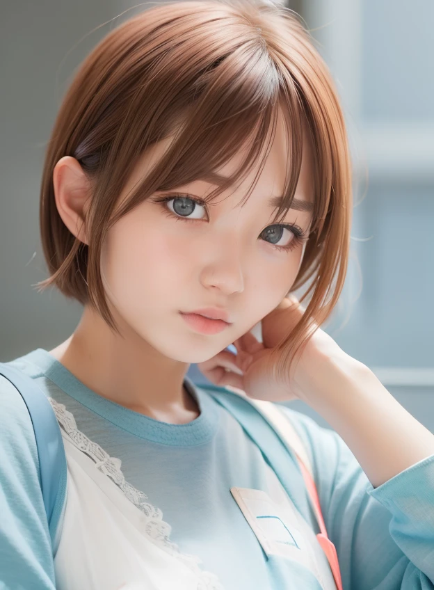1girl,miku nakano,blue shirt,Short hair,Brown hair,realistic, ultra detail,70mm lens