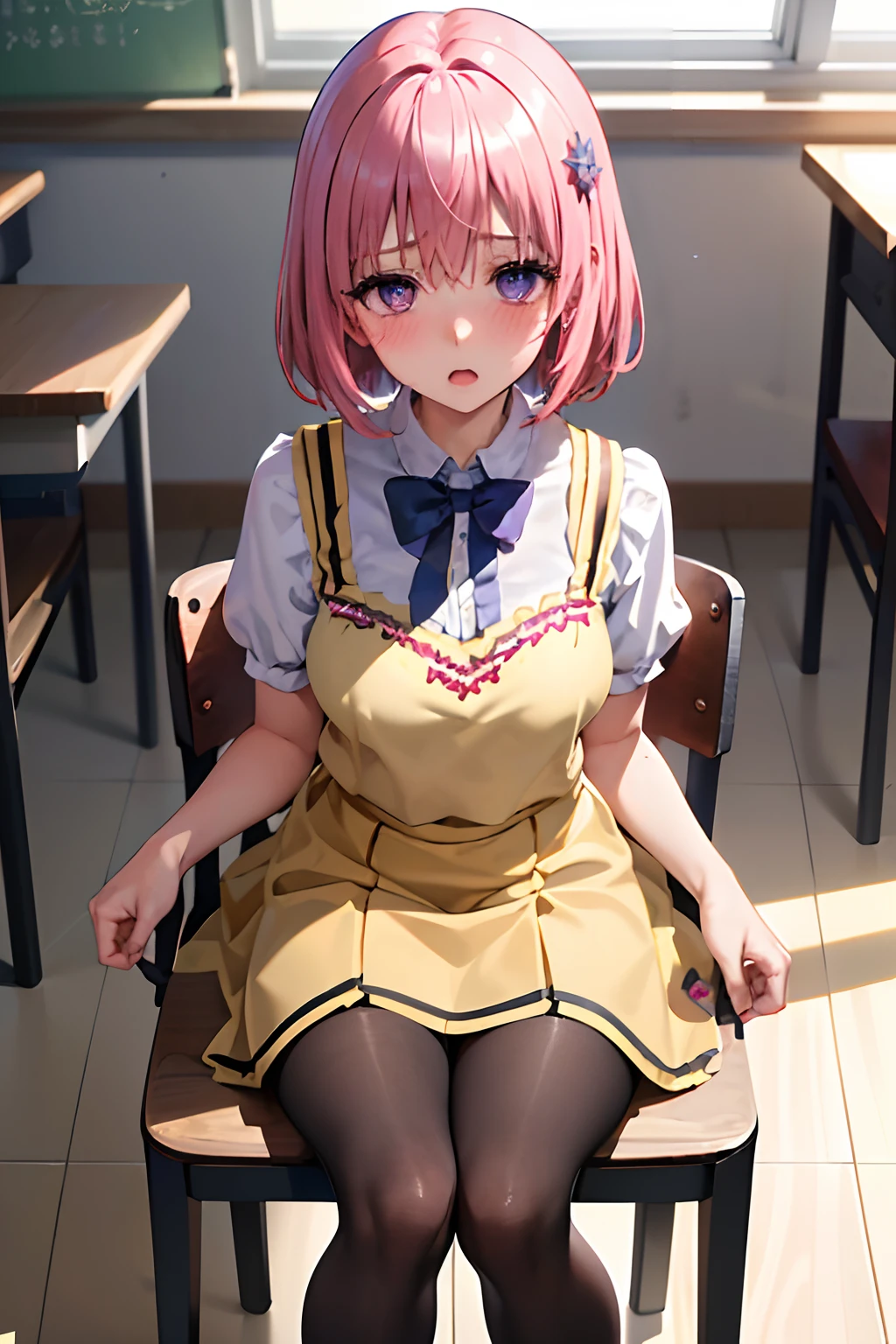 (top-quality:1.1), (​masterpiece:1.4), (absurderes:1.0), portlate, a closeup,
1girl in、Momovelia Deviluk、hair adornments、bob cuts、Shorthair pink hair、a purple eye、Medium chest、Yellow Uniform、looking at the viewers、‎Classroom、(red blush:1.2)、embarassed expression、((pantyhose))、sit a chair、